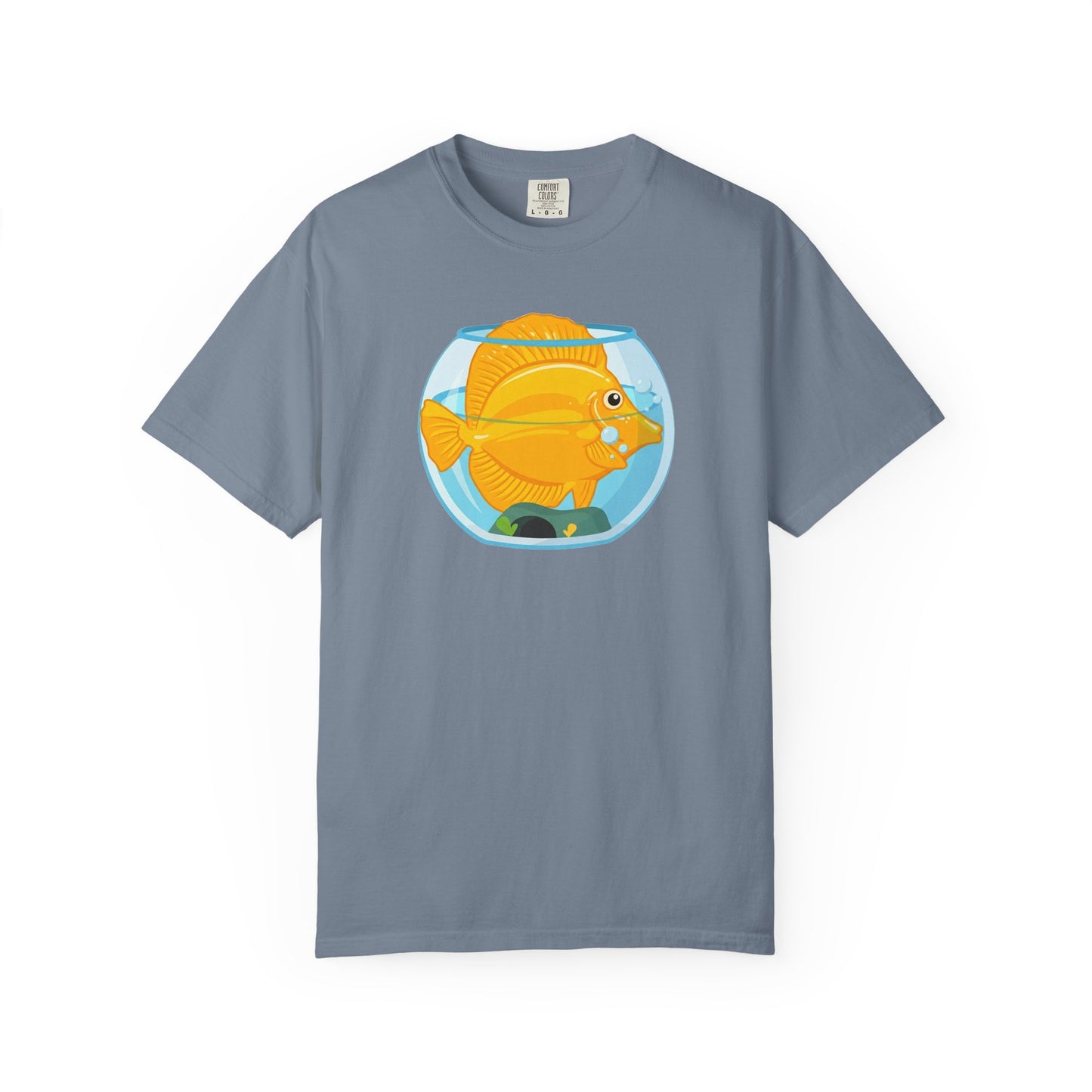 Broke Reefers graphic t-shirt featuring a humorous illustration of a yellow tang cramed inside a small fishbowl, blue crew neck tee