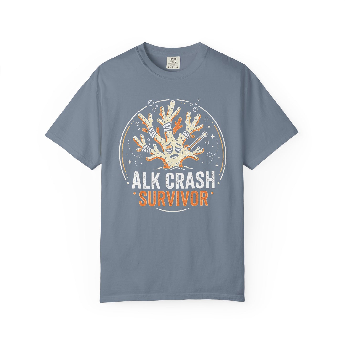 ALK CRASH SURVIVOR graphic t-shirt design featuring bold typography referencing alkalinity crashes in saltwater reef aquarium keeping.