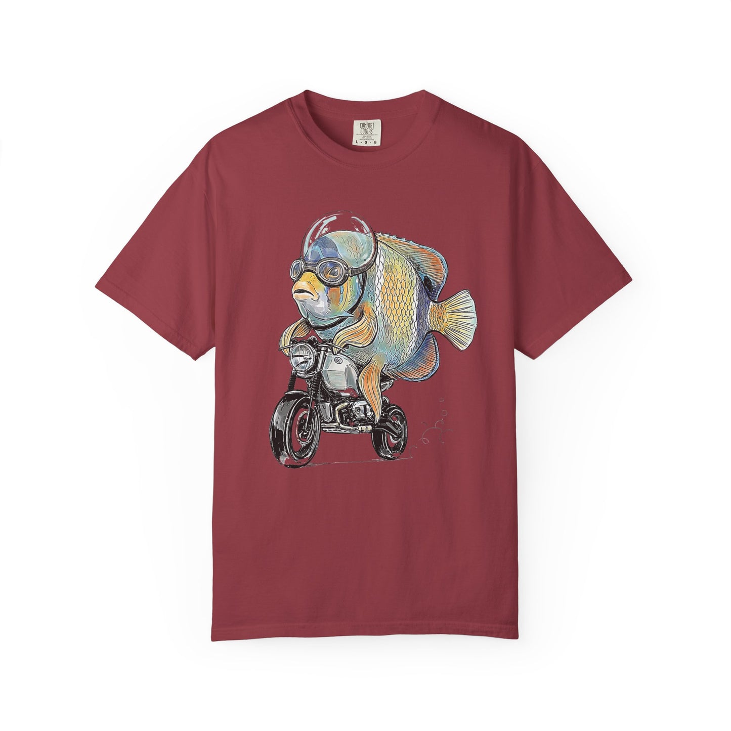Broke Reefers saltwater aquarium graphic t-shirt featuring a detailed, whimsical illustration of a Majestic Angelfish in a bubble helmet riding a motorcycle, maroon crew neck tee