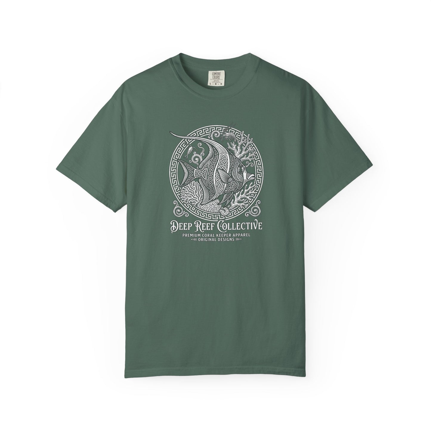 Deep Reef Collective premium graphic t-shirt featuring an intricate, knotwork-style illustration of a Moorish Idol (Zanclus cornutus) within a circular frame, military green crew neck tee