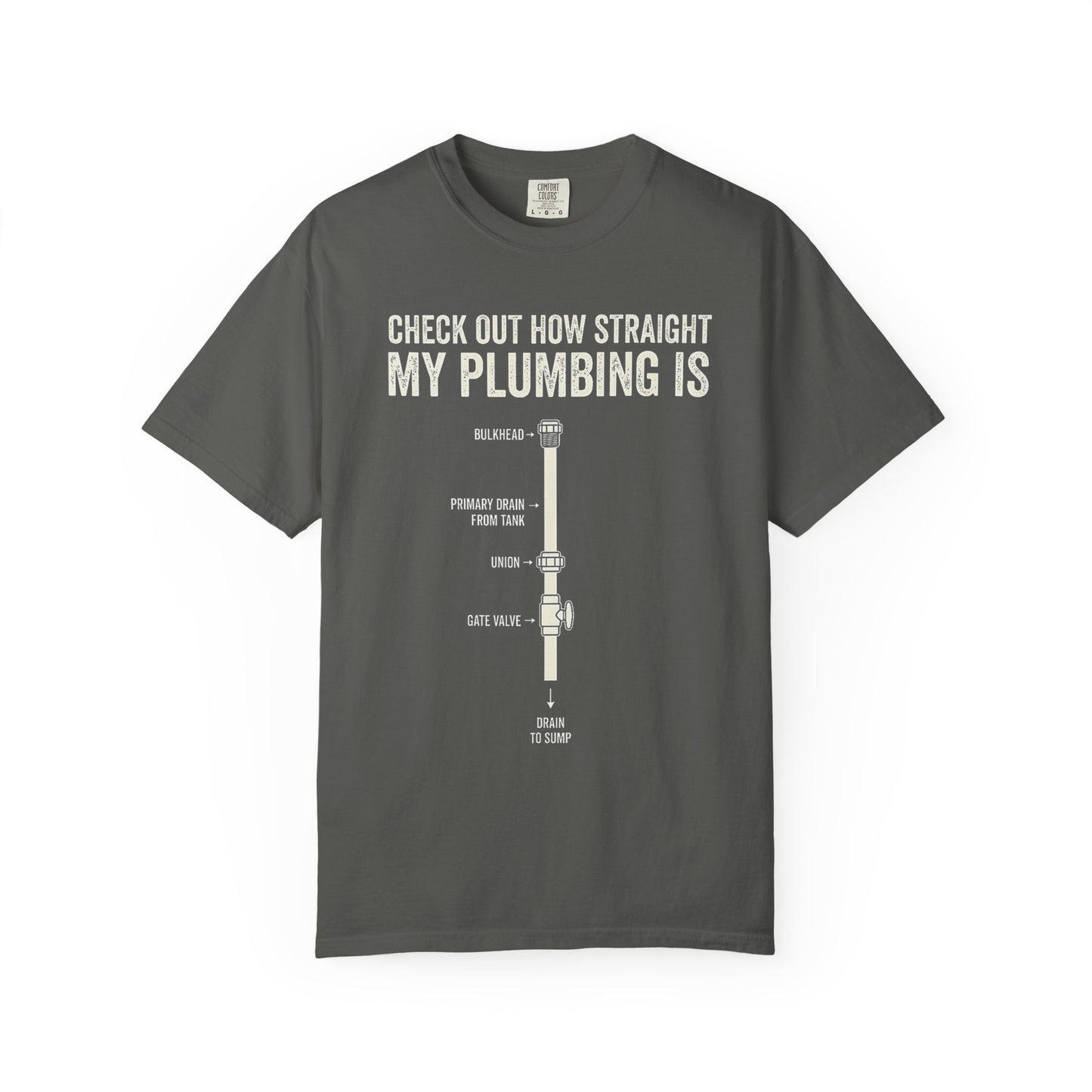 Broke Reefers graphic t-shirt featuring a plumbing diagram illustration with the text: CHECK OUT HOW STRAIGHT MY PLUMBING IS, dark khaki crew neck tee