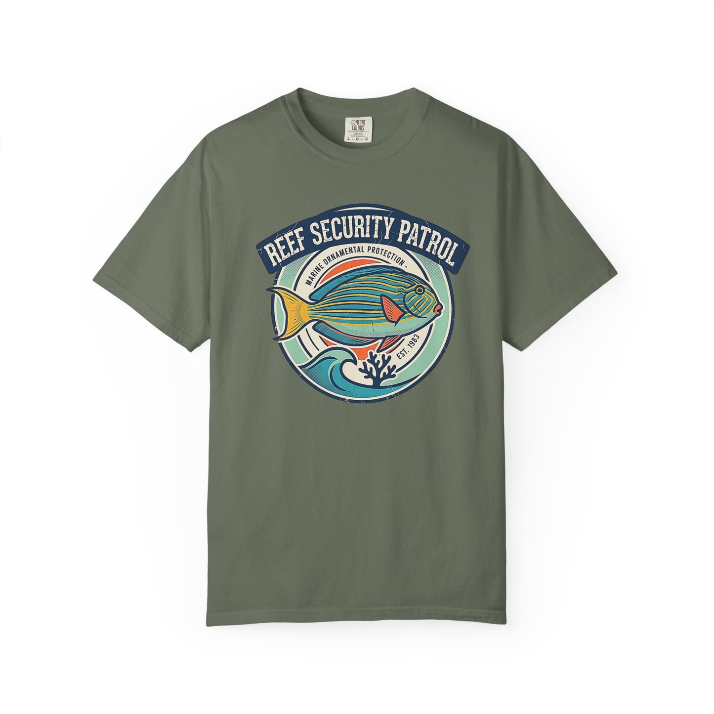 Broke Reefers saltwater aquarium graphic t-shirt featuring a vintage badge-style illustration of a saltwater fish with text reading: REEF SECURITY PATROL, MARINE ORNAMENTAL PROTECTION, EST. 1983, military green crew neck tee
