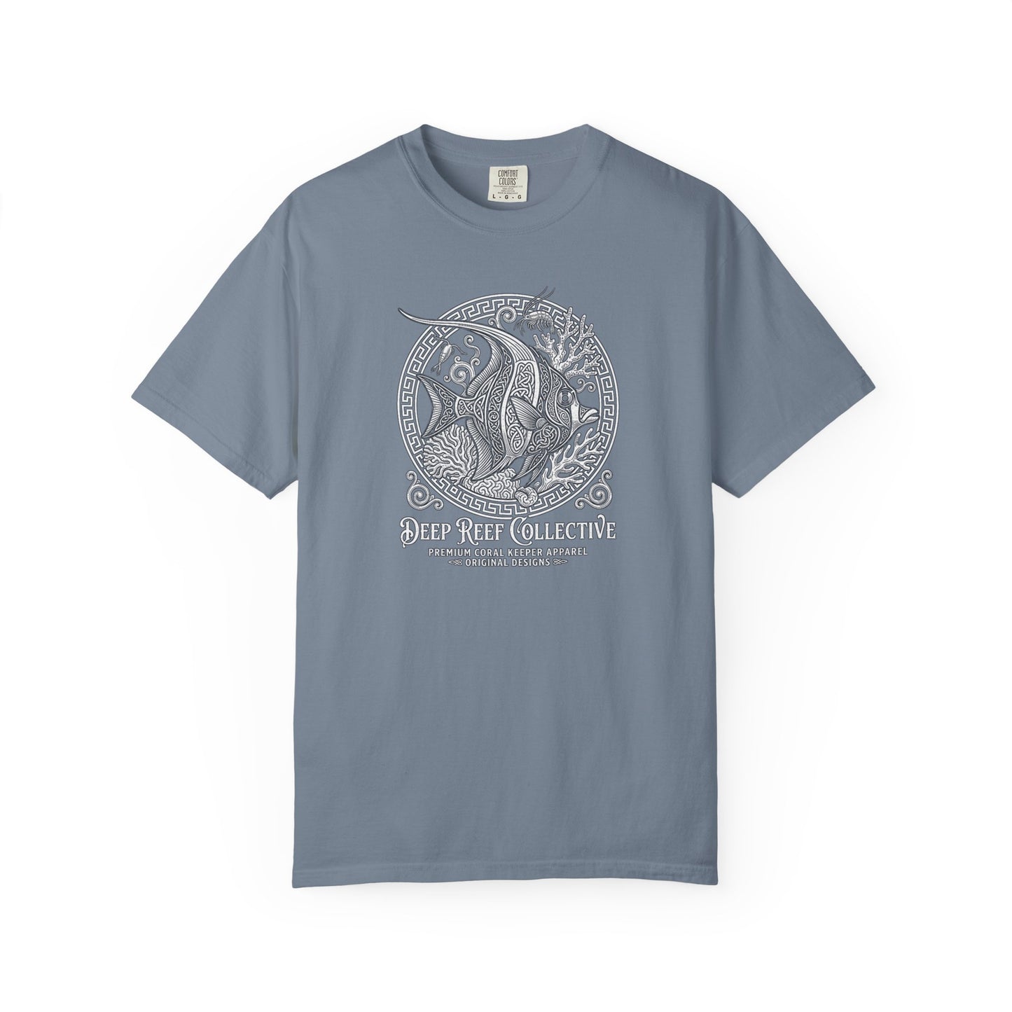 Deep Reef Collective premium graphic t-shirt featuring an intricate, knotwork-style illustration of a Moorish Idol (Zanclus cornutus) within a circular frame, blue crew neck tee
