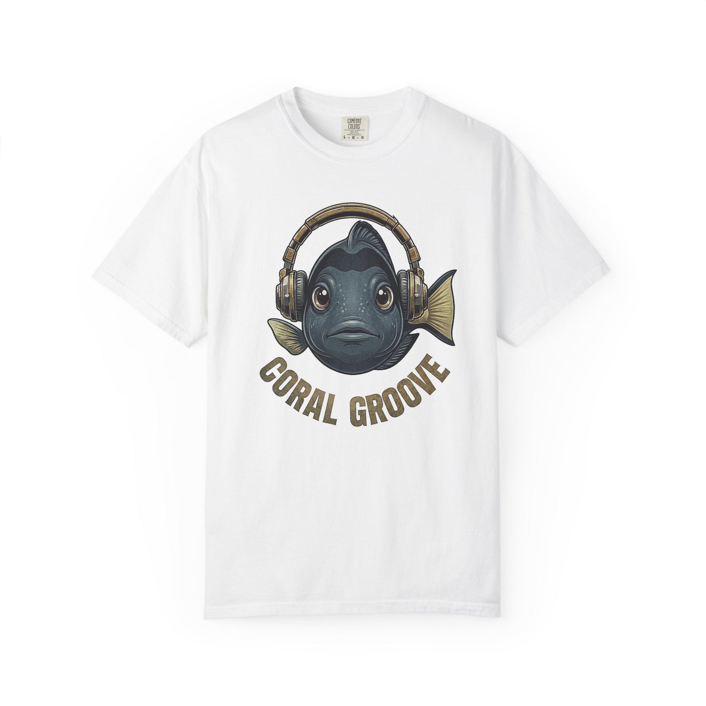 Broke Reefers graphic t-shirt featuring a saltwater fish wearing headphones with the text Coral Groove, Comfort colors crew neck tee