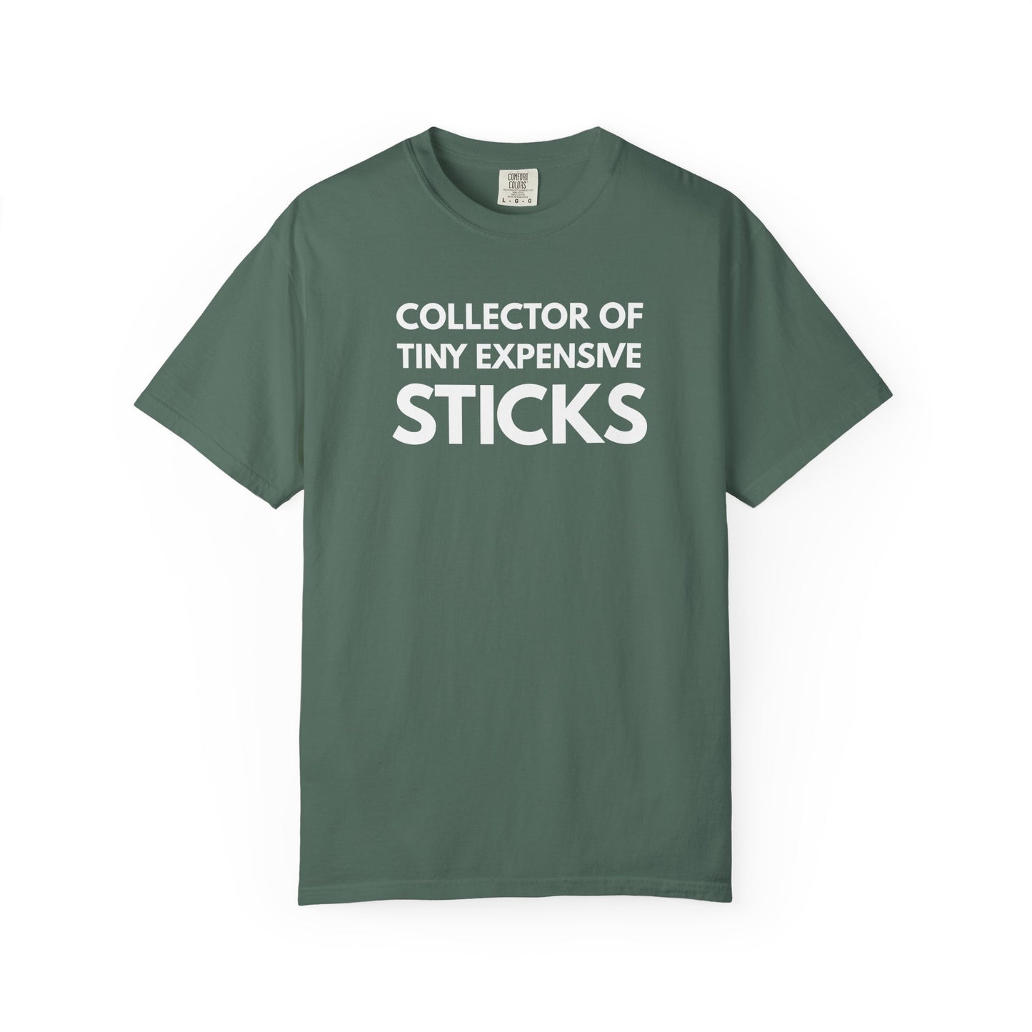 Broke Reefers saltwater aquarium graphic t-shirt featuring bold, minimalist text that reads: COLLECTOR OF TINY EXPENSIVE STICKS, dark military green crew neck tee