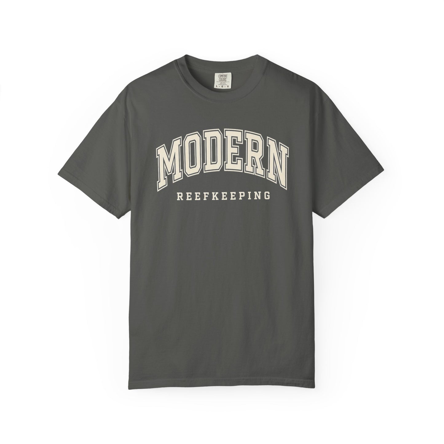 Broke Reefers saltwater aquarium graphic t-shirt featuring classic, arched collegiate-style text that reads: MODERN REEFKEEPING, dark khaki crew neck tee