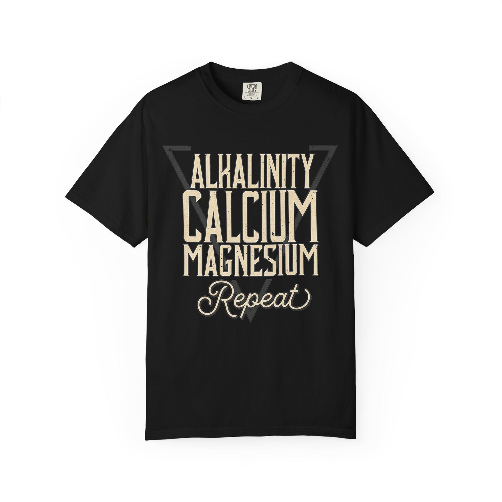 Broke Reefers graphic t-shirt featuring a geometric triangle design with the text: ALKALINITY, CALCIUM, MAGNESIUM, REPEAT, black crew neck tee.