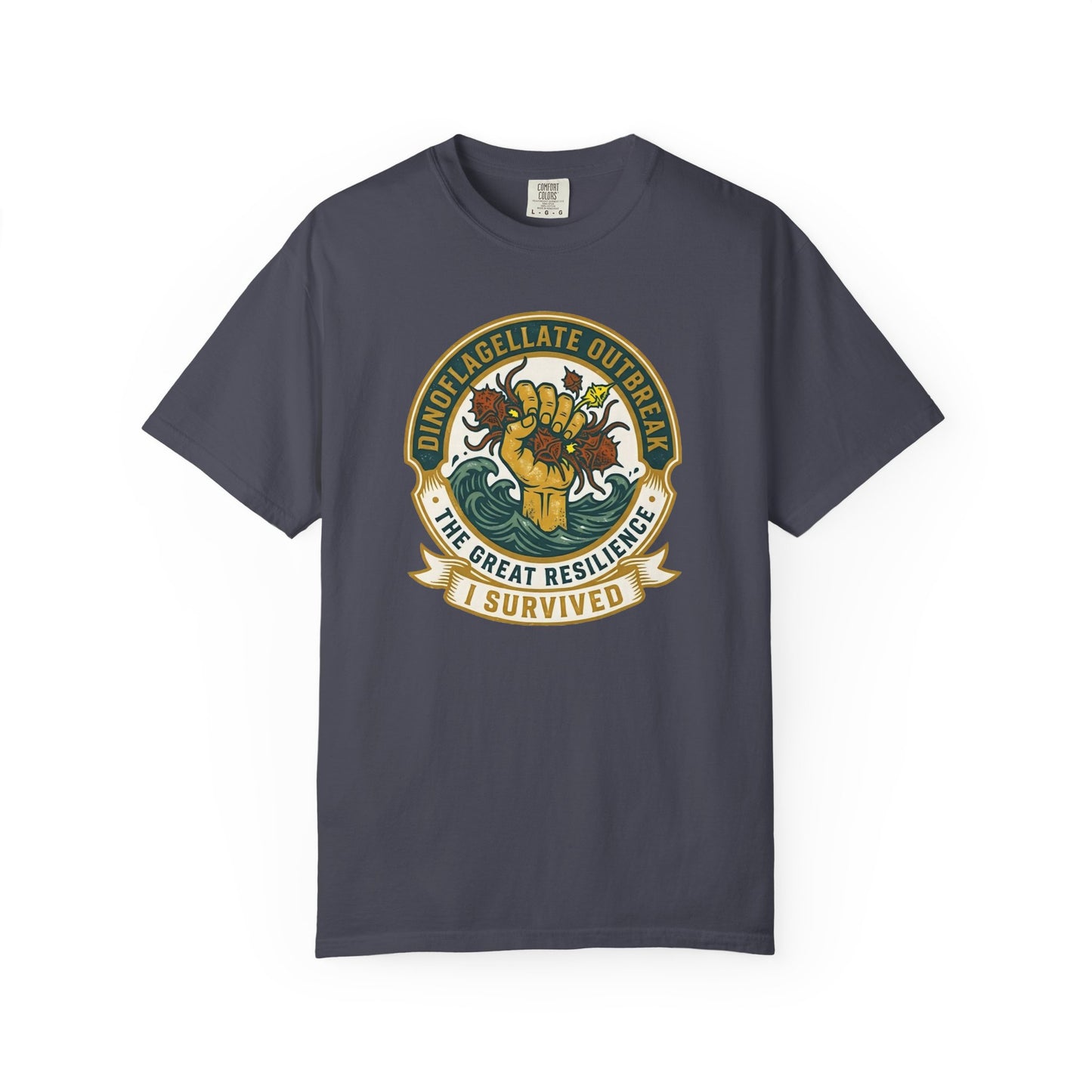 Broke Reefers graphic t-shirt featuring a victory-themed emblem with the text: DINOFLAGELLATE OUTBREAK, THE GREAT RESILIENCE, I SURVIVED, navy crew neck tee