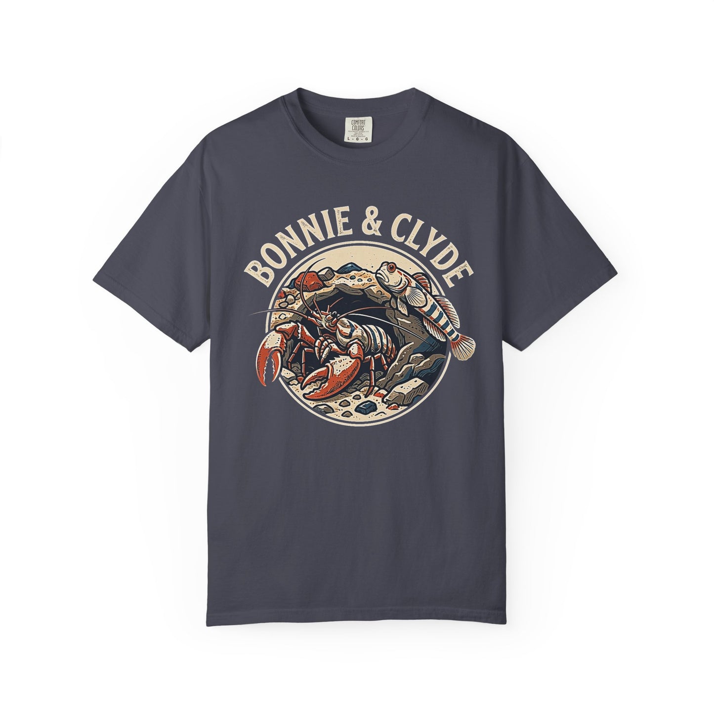 Broke Reefers saltwater aquarium graphic t-shirt featuring a circular badge illustration of a pistol shrimp and a goby with the text: BONNIE & CLYDE, navy crew neck tee