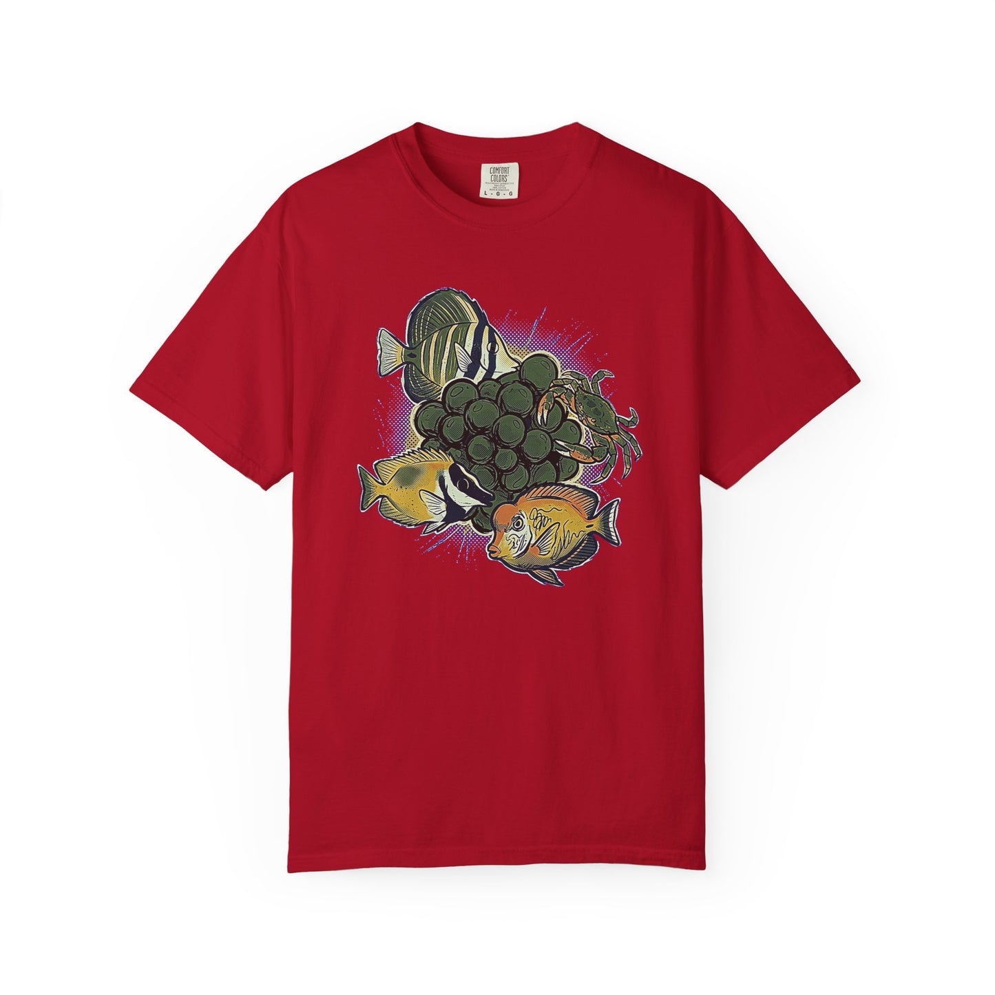 Broke Reefers graphic t-shirt featuring a vibrant illustration of a crab and various fish surrounding a cluster of bubble algae, red crew neck tee