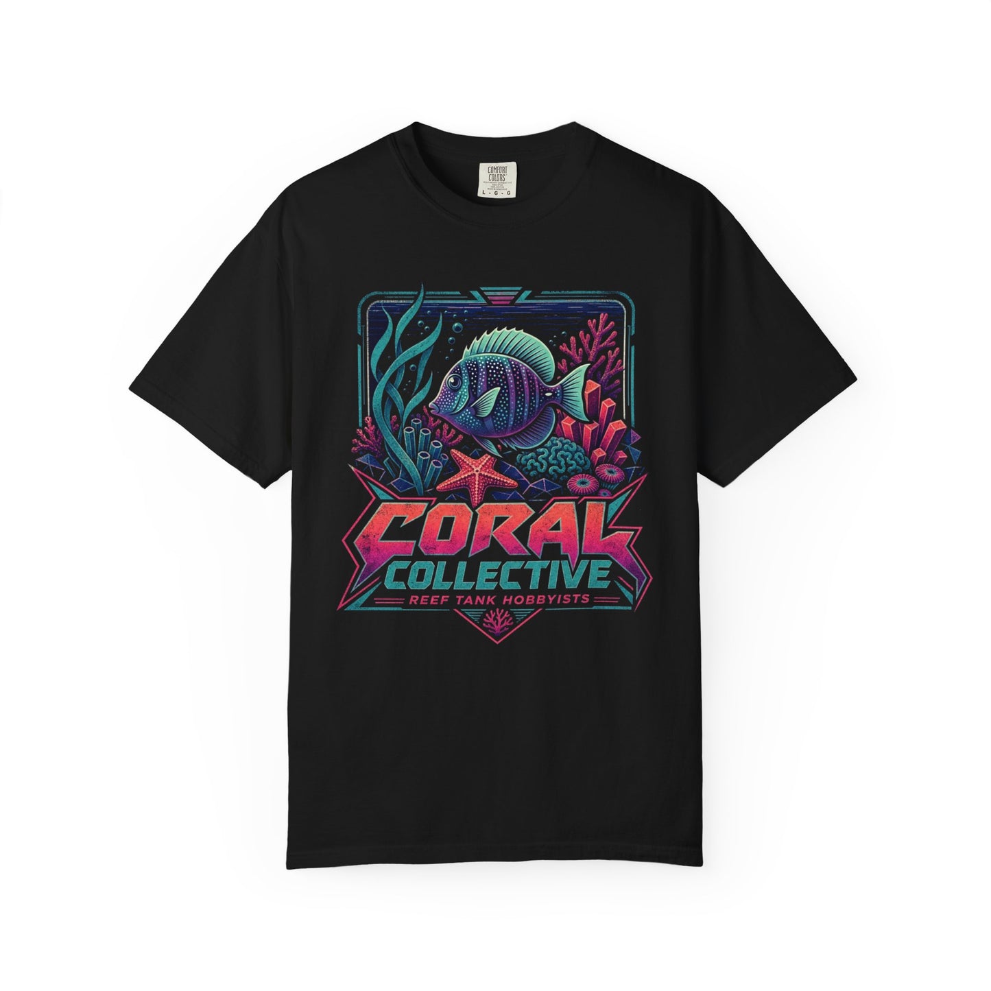 Broke Reefers graphic t-shirt featuring a vibrant illustration of a reef scene with a centerpiece fish and text reading: CORAL COLLECTIVE: REEF TANK HOBBYISTS, black crew neck tee