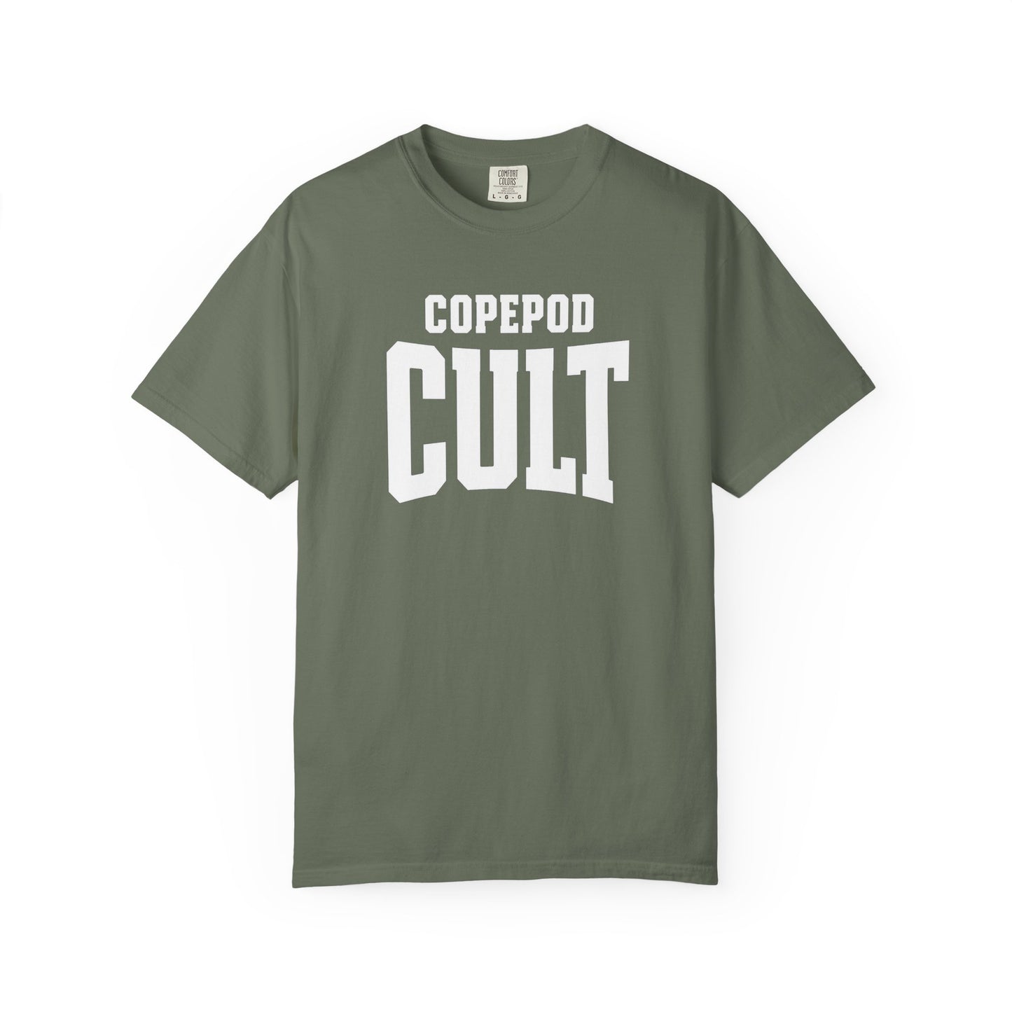 Broke Reefers saltwater aquarium graphic t-shirt featuring bold, collegiate-style typography that reads: COPEPOD CULT, military green crew neck tee