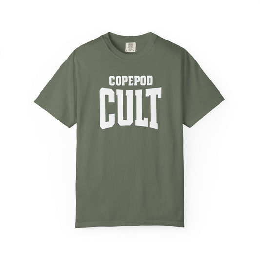 Broke Reefers saltwater aquarium graphic t-shirt featuring bold, collegiate-style typography that reads: COPEPOD CULT, military green crew neck tee