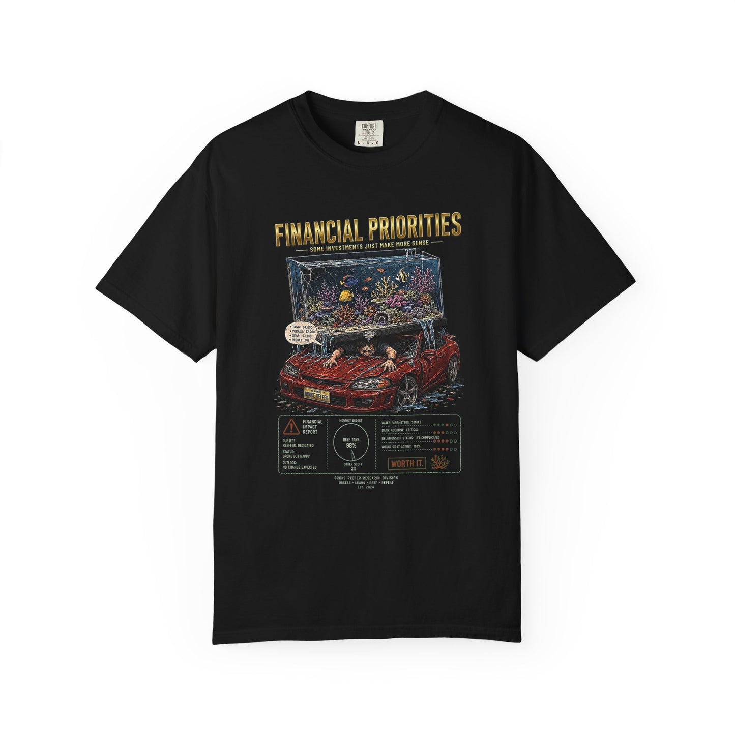 Broke Reefers graphic t-shirt featuring a car with a reef tank on top and the text Financial Priorities, [Color] crew neck tee