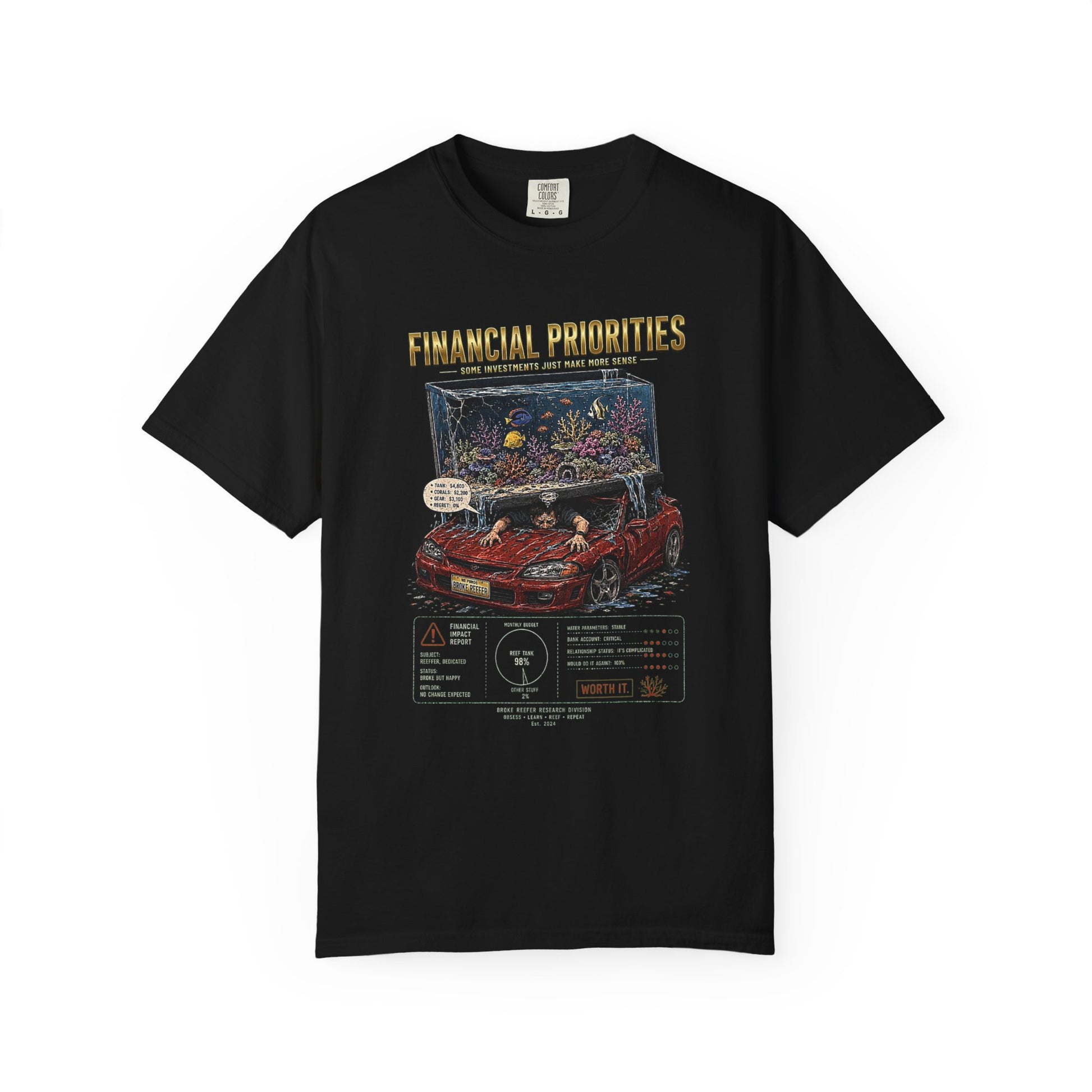 Broke Reefers graphic t-shirt featuring a car with a reef tank on top and the text Financial Priorities, [Color] crew neck tee