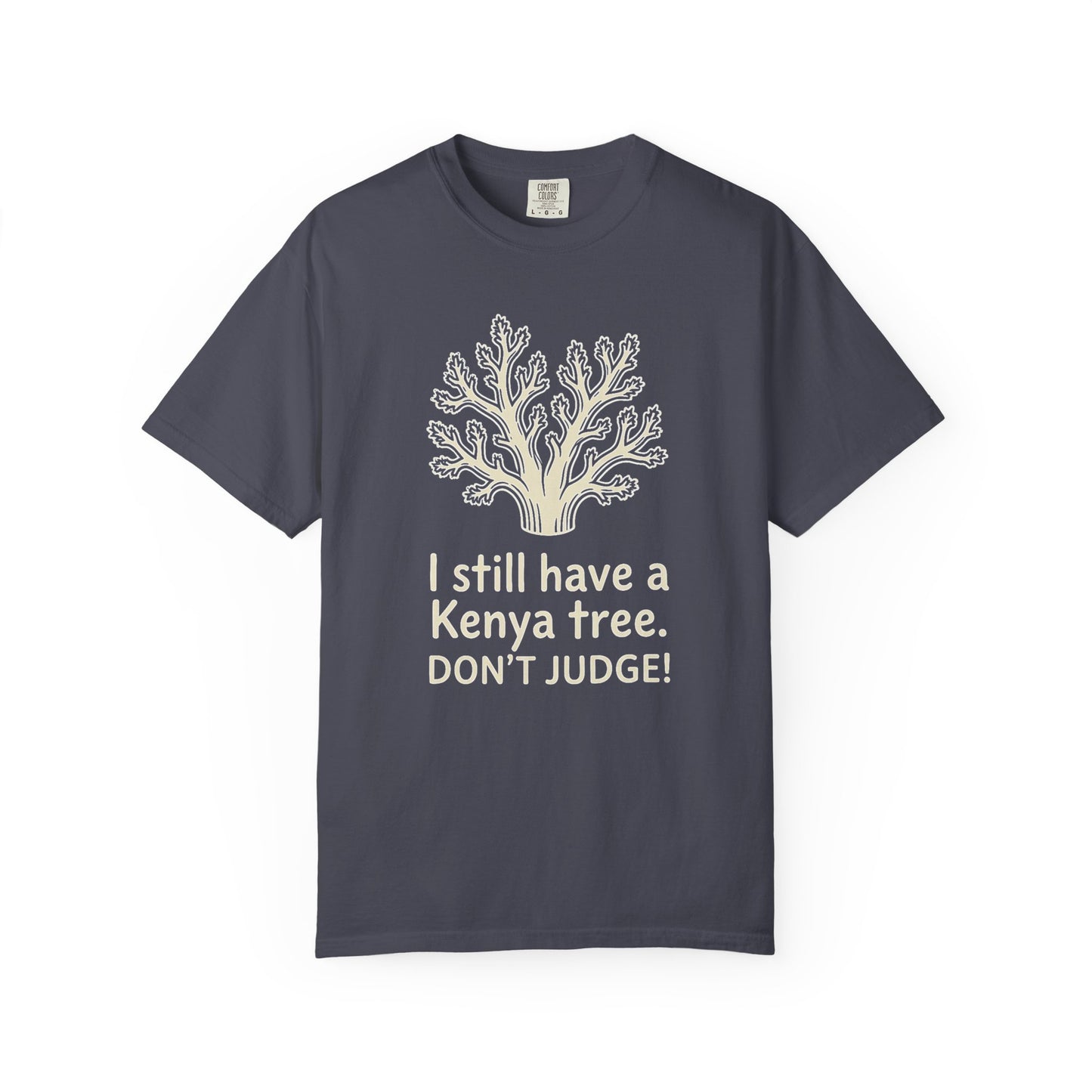 Broke Reefers graphic t-shirt featuring an illustration of a Kenya tree coral with the text: I STILL HAVE A KENYA TREE. DON’T JUDGE!, navy crew neck tee