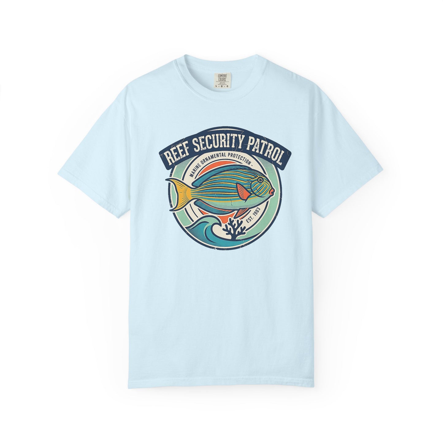 Broke Reefers saltwater aquarium graphic t-shirt featuring a vintage badge-style illustration of a saltwater fish with text reading: REEF SECURITY PATROL, MARINE ORNAMENTAL PROTECTION, EST. 1983, light blue crew neck tee
