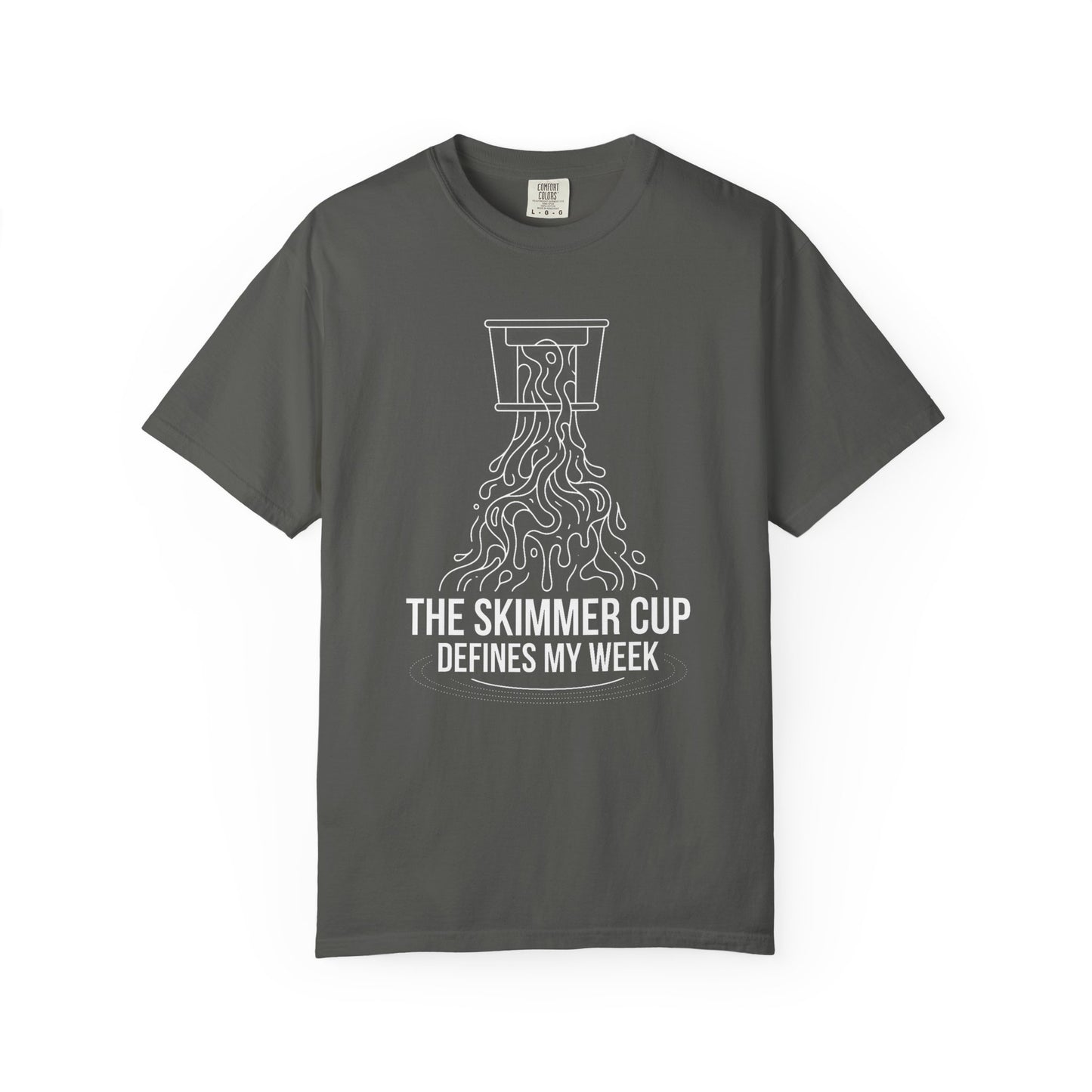 Broke Reefers graphic t-shirt featuring line art of a protein skimmer cup overflowing with skimmate and the text: THE SKIMMER CUP DEFINES MY WEEK, [Color] crew neck tee.
