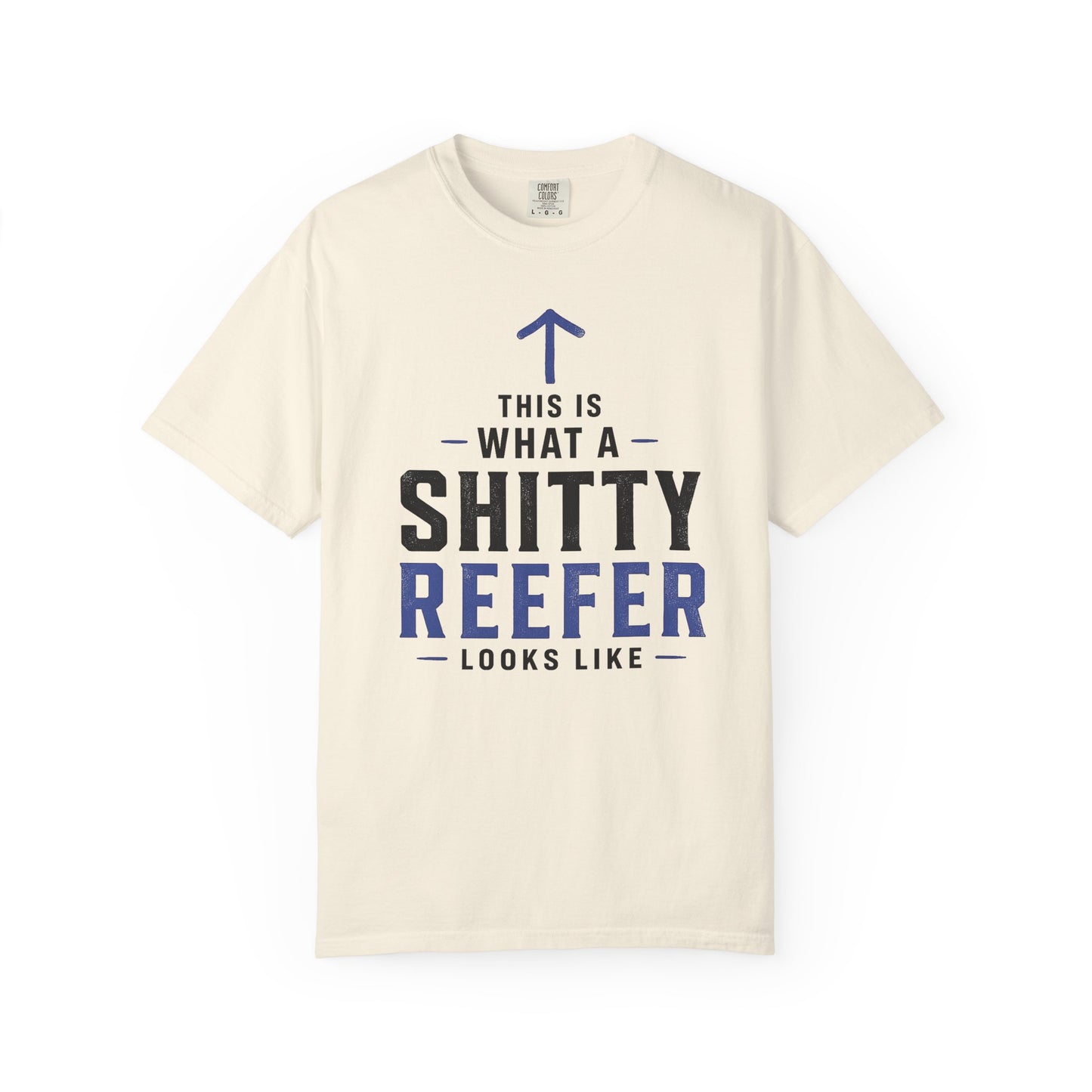 Broke Reefers saltwater aquarium graphic t-shirt featuring a bold, minimalist design with an upward arrow and the text: THIS IS WHAT A SHITTY REEFER LOOKS LIKE, beige cream crew neck tee