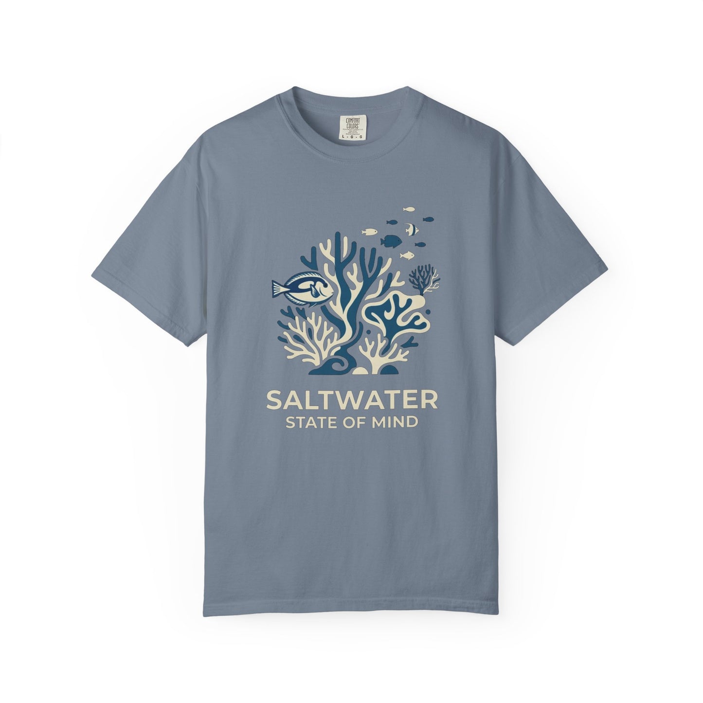 Broke Reefers saltwater aquarium graphic t-shirt featuring a serene illustration of a coral reef with the text: SALTWATER STATE OF MIND, blue crew neck tee