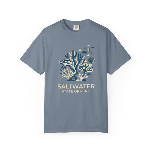 Broke Reefers saltwater aquarium graphic t-shirt featuring a serene illustration of a coral reef with the text: SALTWATER STATE OF MIND, blue crew neck tee