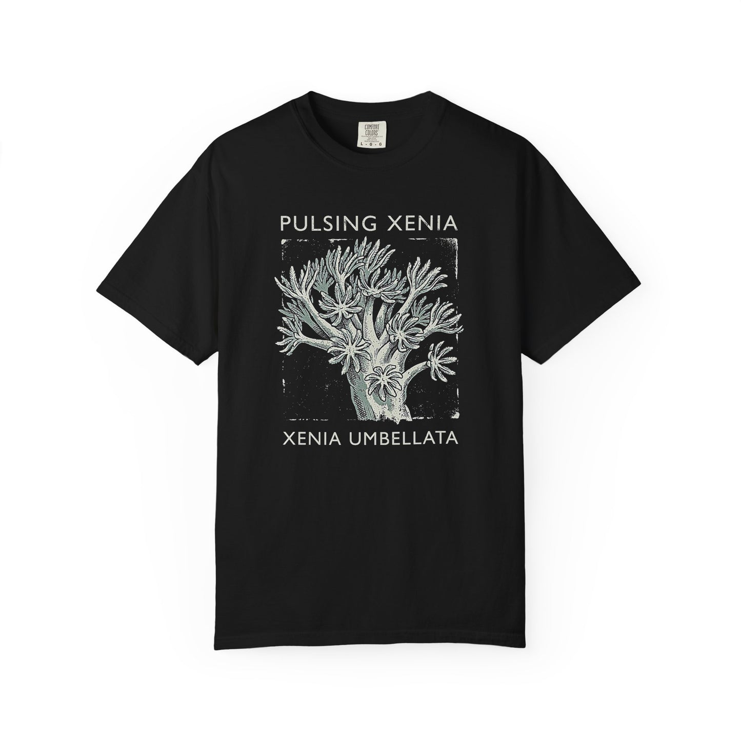 Broke Reefers graphic t-shirt featuring a detailed illustration of Pulsing Xenia coral with the text: PULSING XENIA, XENIA UMBELLATA, black crew neck tee