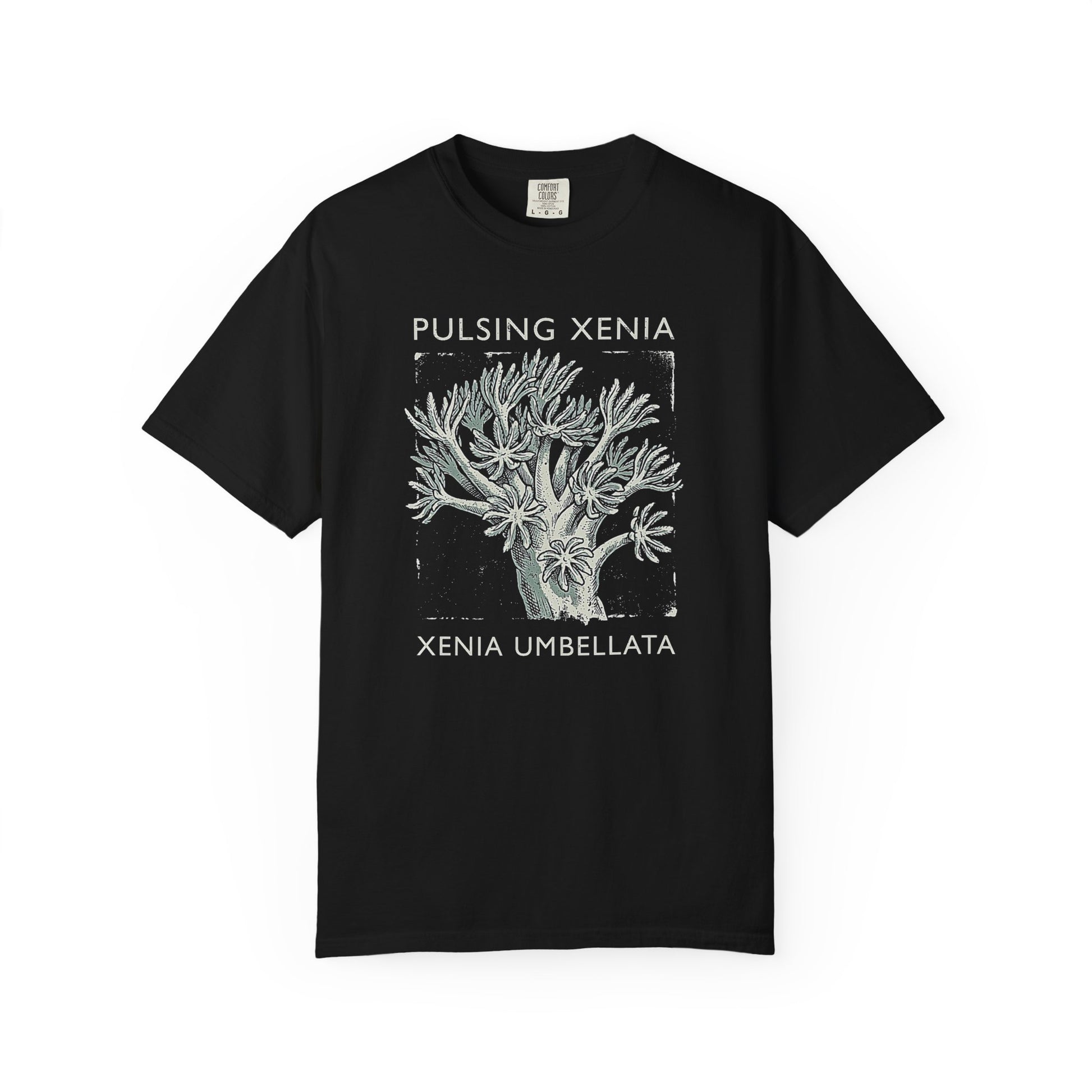 Broke Reefers graphic t-shirt featuring a detailed illustration of Pulsing Xenia coral with the text: PULSING XENIA, XENIA UMBELLATA, black crew neck tee