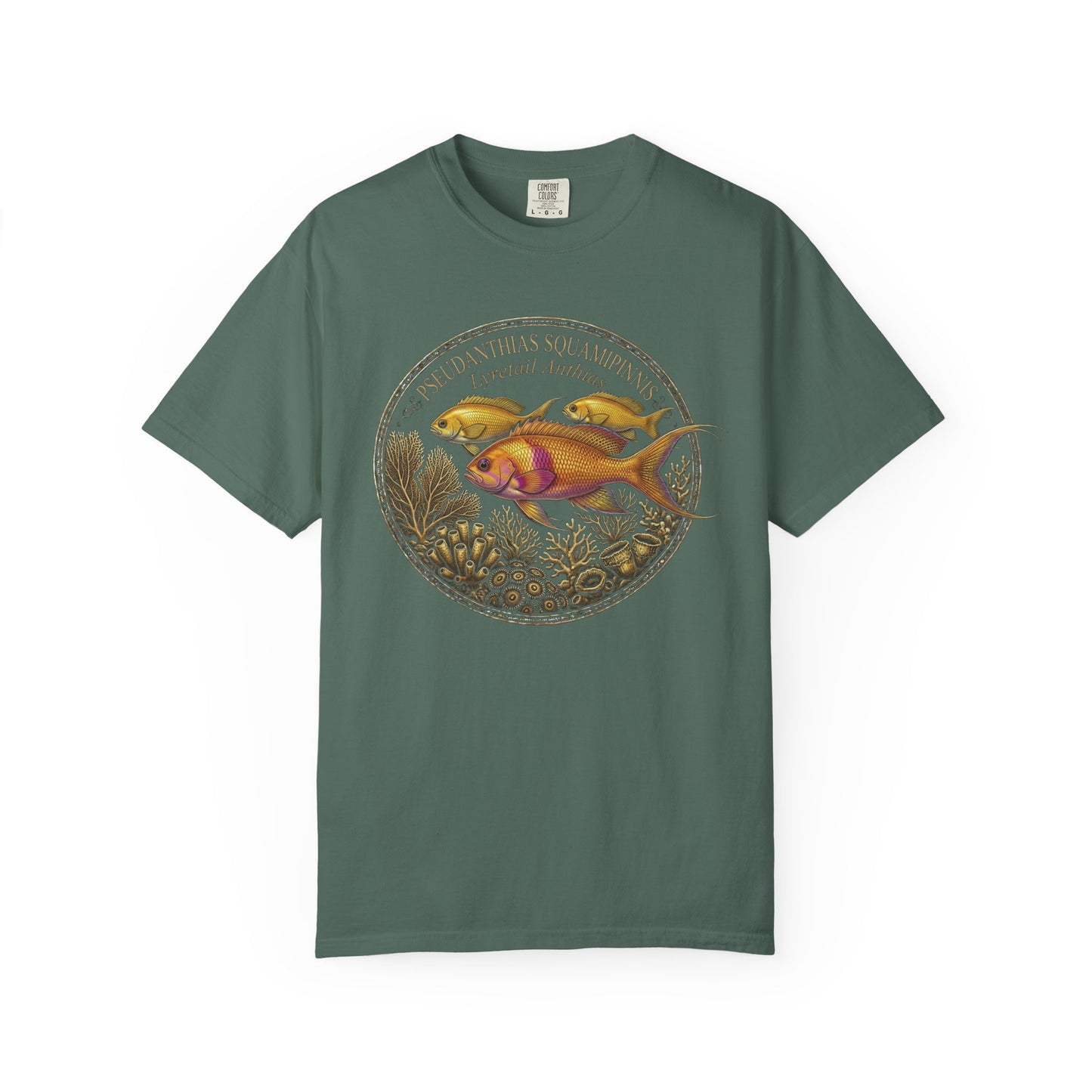 Broke Reefers graphic t-shirt featuring a detailed, circular illustration of Lyretail Anthias fish with the text: PSEUDANTHIAS SQUAMIPINNIS, Lyretail Anthias, military green crew neck tee