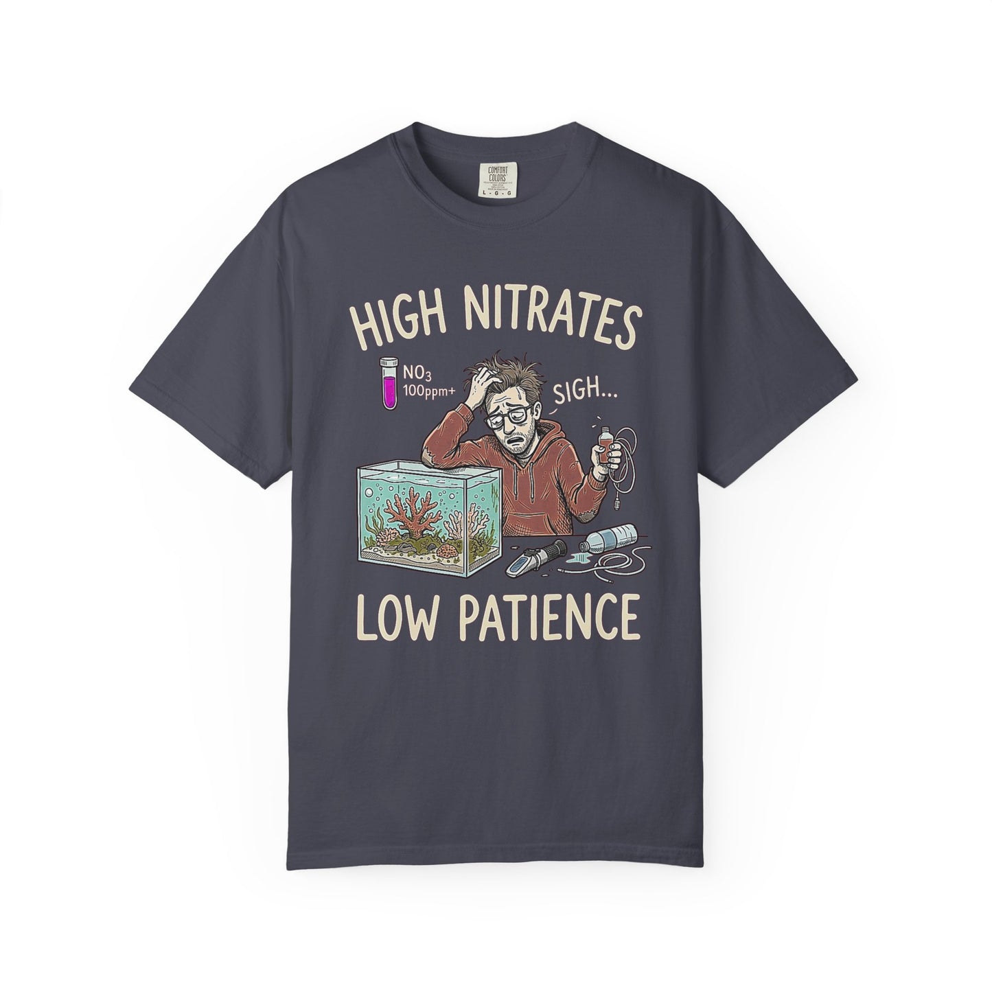 Broke Reefers saltwater aquarium graphic t-shirt featuring a detailed illustration of an overwhelmed reef-keeper testing their tank water with the text: HIGH NITRATES, LOW PATIENCE, navy crew neck tee