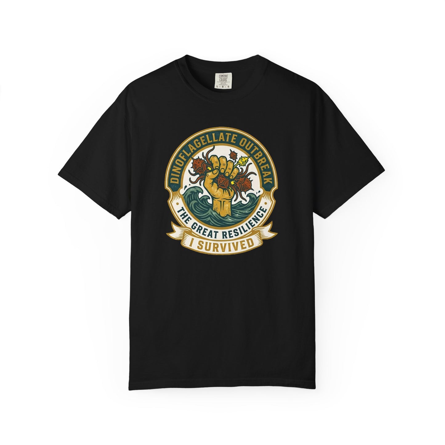 Broke Reefers graphic t-shirt featuring a victory-themed emblem with the text: DINOFLAGELLATE OUTBREAK, THE GREAT RESILIENCE, I SURVIVED, black crew neck tee