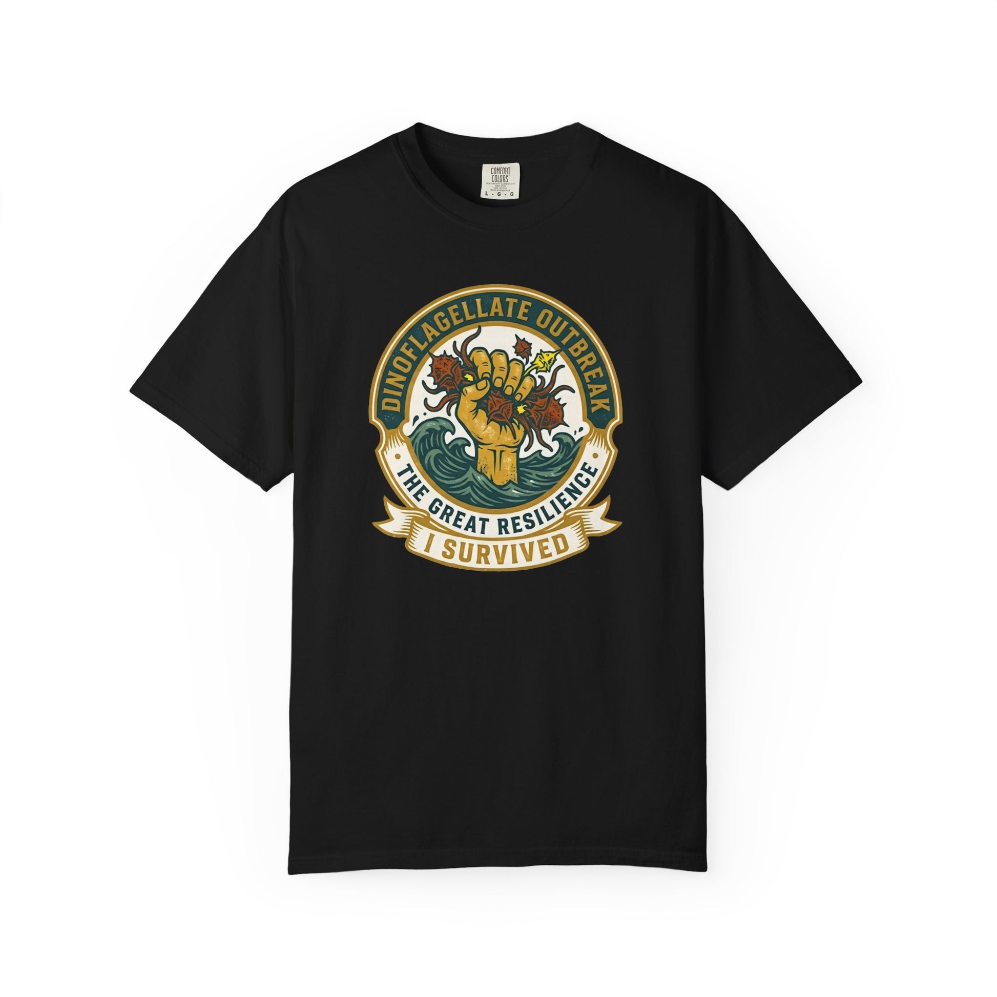 Broke Reefers graphic t-shirt featuring a victory-themed emblem with the text: DINOFLAGELLATE OUTBREAK, THE GREAT RESILIENCE, I SURVIVED, black crew neck tee