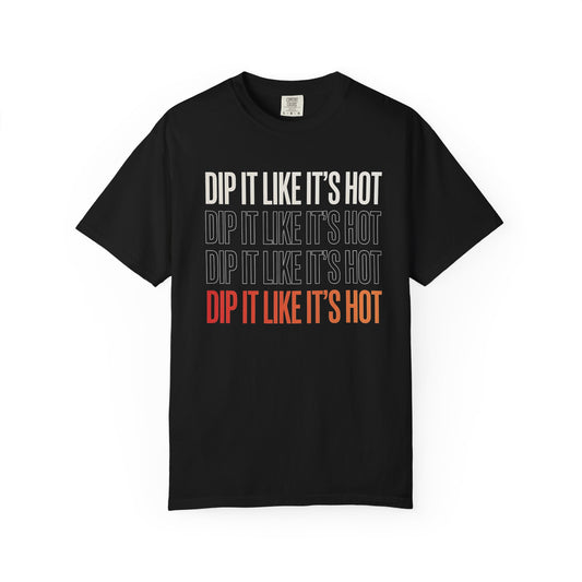 Broke Reefers saltwater aquarium graphic t-shirt featuring bold typography that reads: DIP IT LIKE IT'S HOT, black crew neck tee