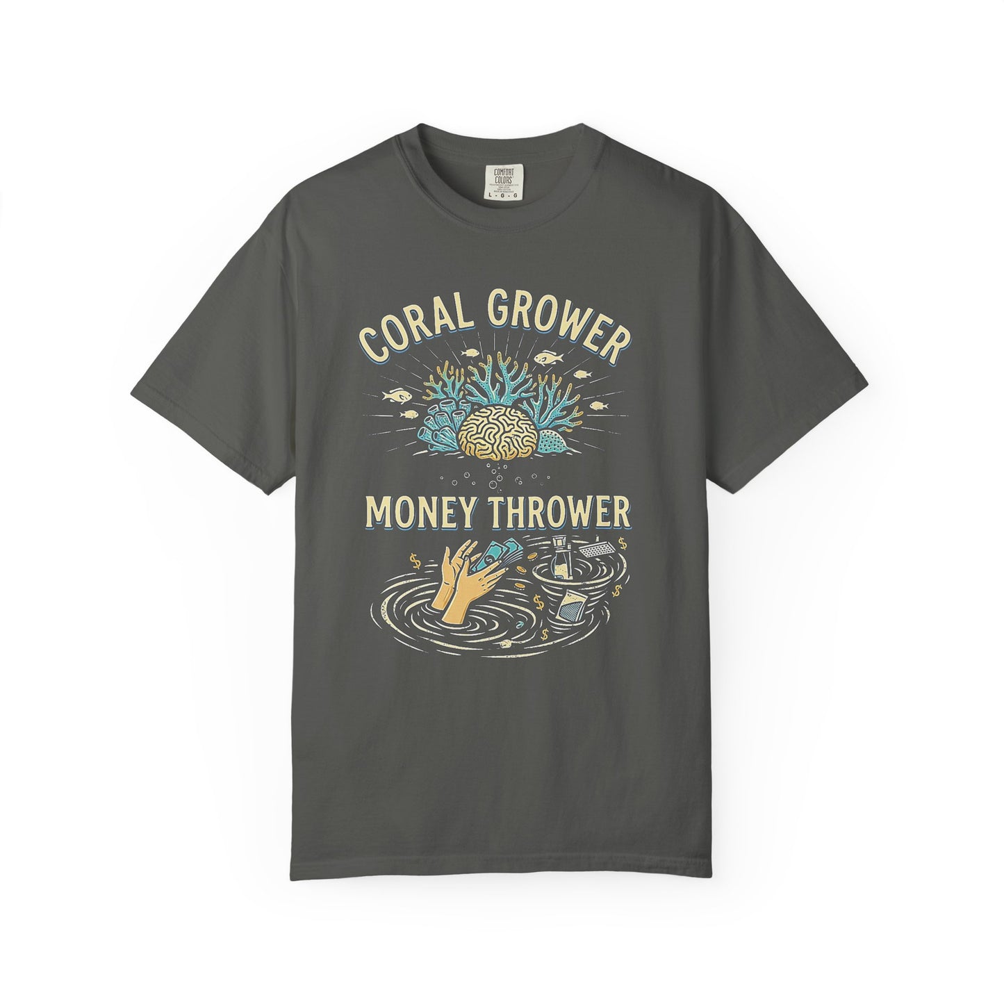 Broke Reefers graphic t-shirt featuring a coral reef, a brain coral, and hands throwing money, [Color] crew neck tee
