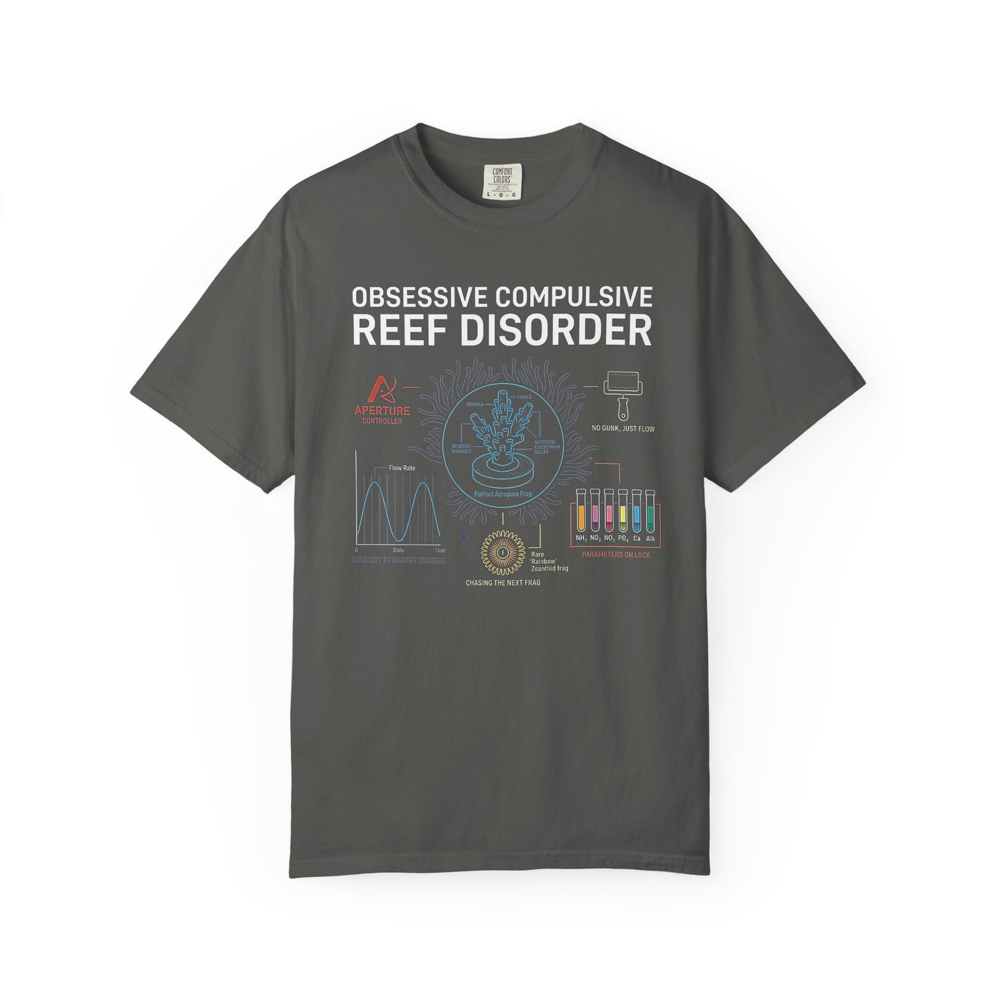 Broke Reefers graphic t-shirt featuring a detailed technical diagram of reef tank parameters, flow rates, and coral types with the text: OBSESSIVE COMPULSIVE REEF DISORDER, [Color] crew neck tee.