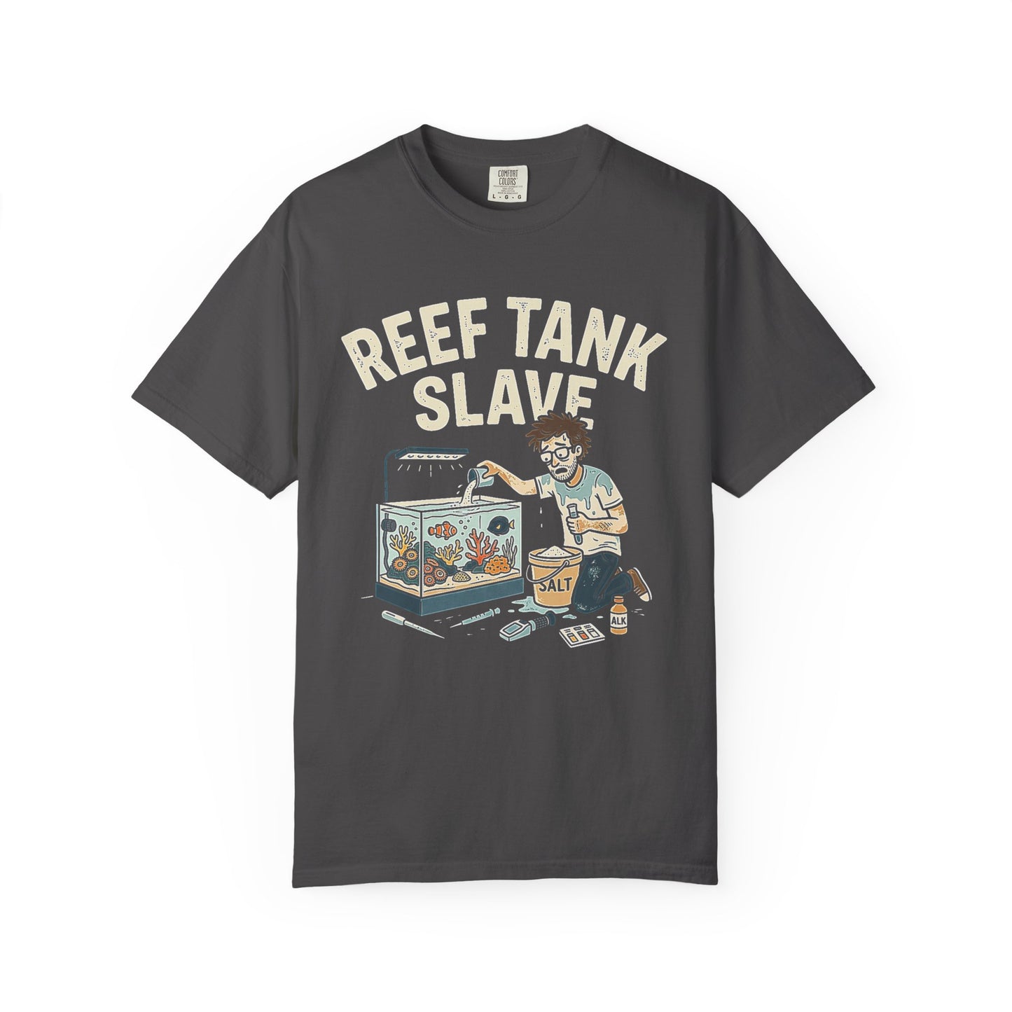 Broke Reefers saltwater aquarium graphic t-shirt featuring a detailed illustration of a reef-keeper mixing salt and maintaining a reef tank with the text: REEF TANK SLAVE, dark khaki crew neck tee