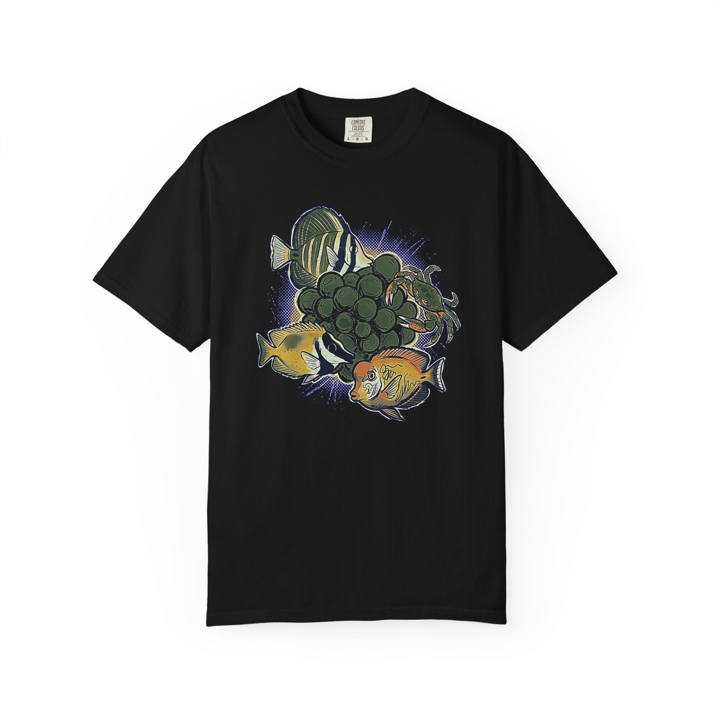 Broke Reefers graphic t-shirt featuring a vibrant illustration of a crab and various fish surrounding a cluster of bubble algae, black crew neck tee
