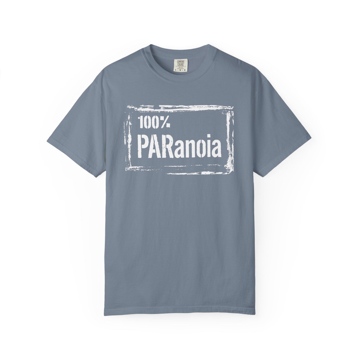 Broke Reefers saltwater aquarium graphic t-shirt featuring a distressed-frame design with the text: 100% PARANOIA, blue crew neck tee