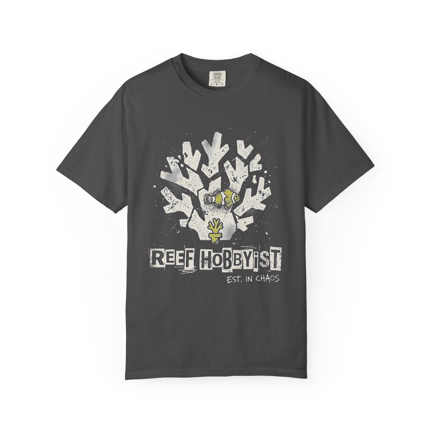 Broke Reefers graphic t-shirt featuring a bold silhouette illustration of a clownfish and coral with the text: REEF HOBBYIST, EST. IN CHAOS, dark khaki crew neck tee
