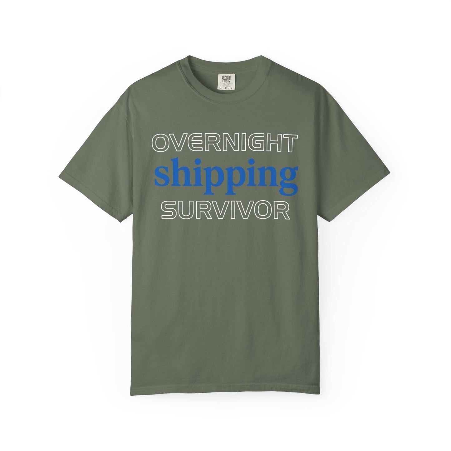 Broke Reefers saltwater aquarium graphic t-shirt featuring clean, bold typography that reads: OVERNIGHT shipping SURVIVOR, military green crew neck tee