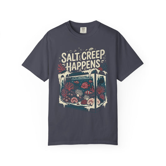 Broke Reefers saltwater aquarium graphic t-shirt featuring an illustration of a reef tank with white salt creep buildup and the text: SALT CREEP HAPPENS, navy crew neck tee