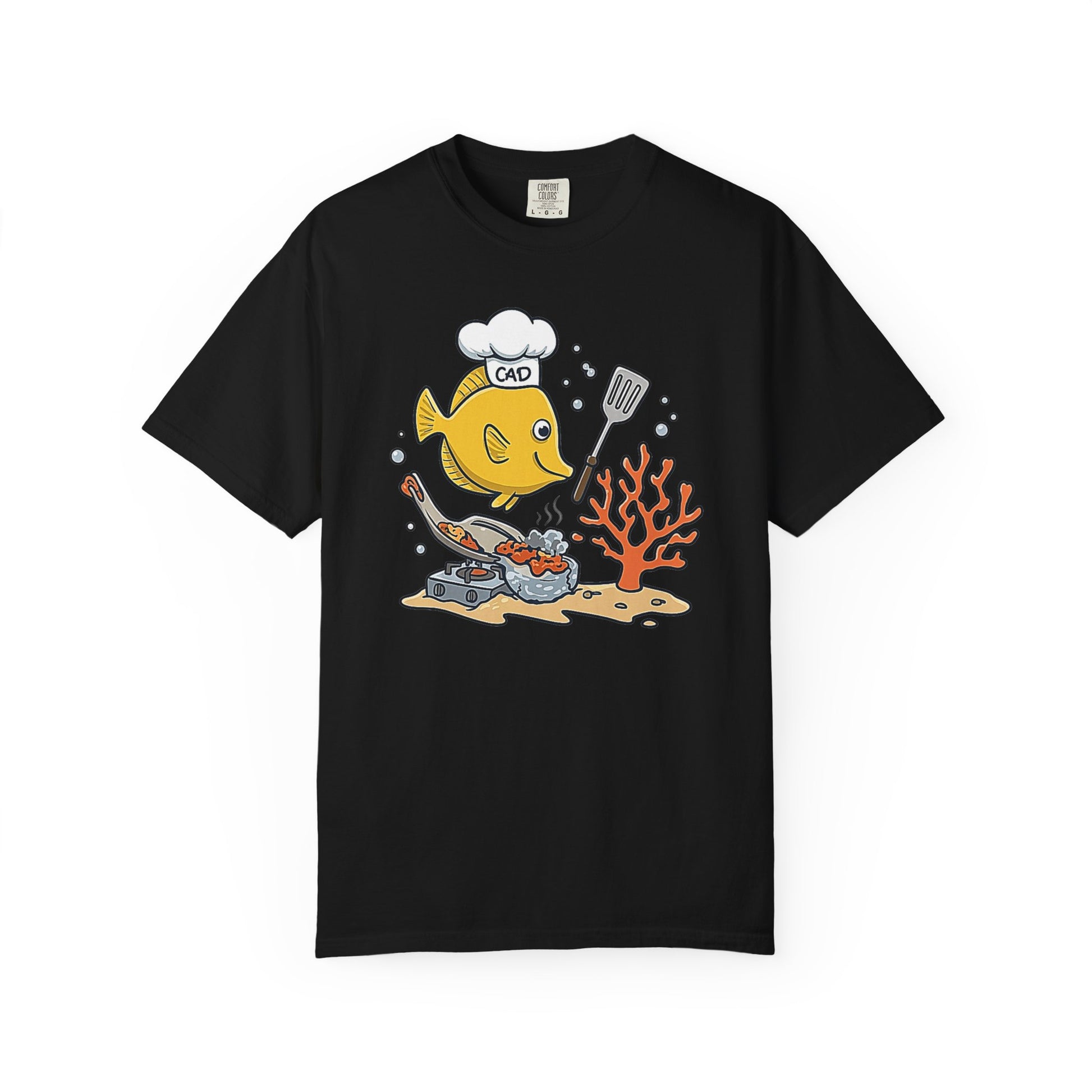 Broke Reefers saltwater aquarium graphic t-shirt featuring a cartoon illustration of a Yellow Tang wearing a chef hat labeled 'CAD' and cooking fish food, black crew neck tee