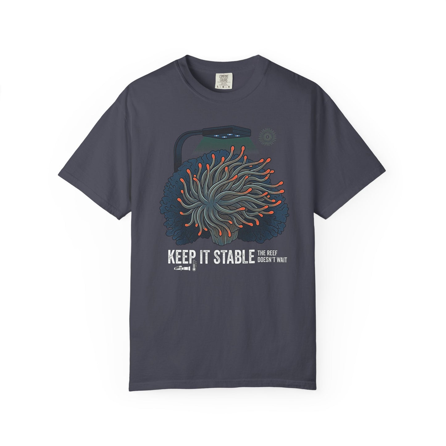 Broke Reefers graphic t-shirt featuring an illustration of an anemone under aquarium lighting with icons for a refractometer and thermometer, and the text: KEEP IT STABLE THE REEF DOESN'T WAIT, navy crew neck tee