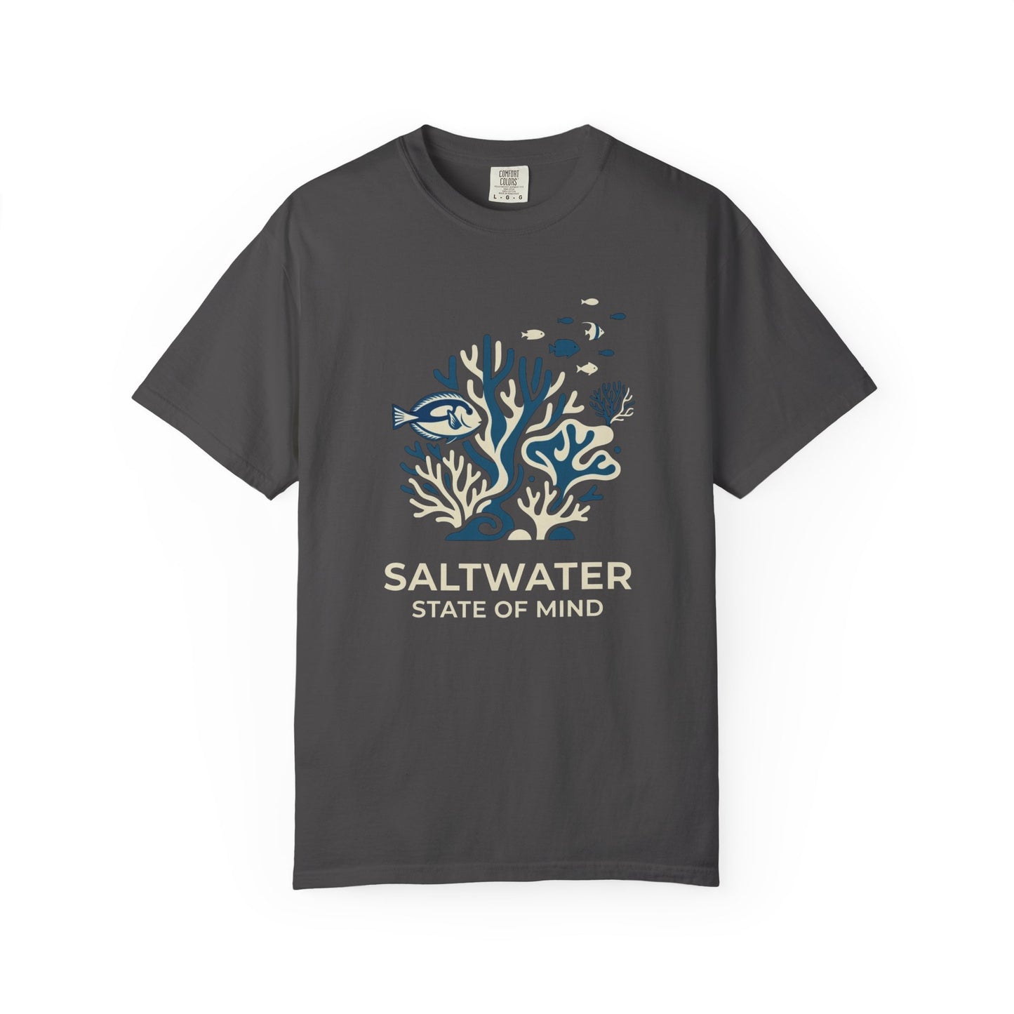 Broke Reefers saltwater aquarium graphic t-shirt featuring a serene illustration of a coral reef with the text: SALTWATER STATE OF MIND, graphite crew neck tee