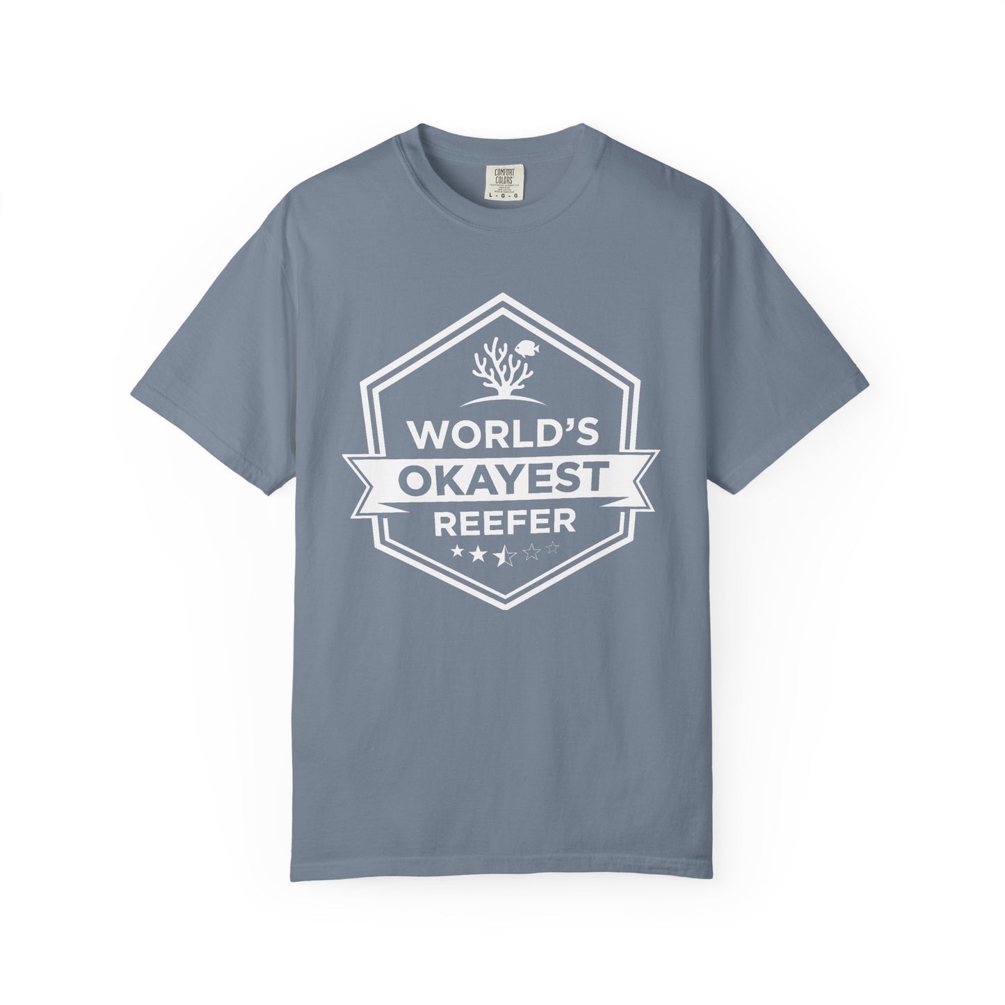 Broke Reefers graphic t-shirt featuring a badge-style illustration with the text: WORLD’S OKAYEST REEFER, blue crew neck tee