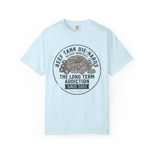 Broke Reefers saltwater aquarium graphic t-shirt featuring a vintage badge illustration of coral and tweezers with the text: REEF TANK DIE-HARDS NO EASY SHORTCUTS THE LONG TERM ADDICTION SINCE 2003 KEEP IT STABLE, light blue crew neck tee