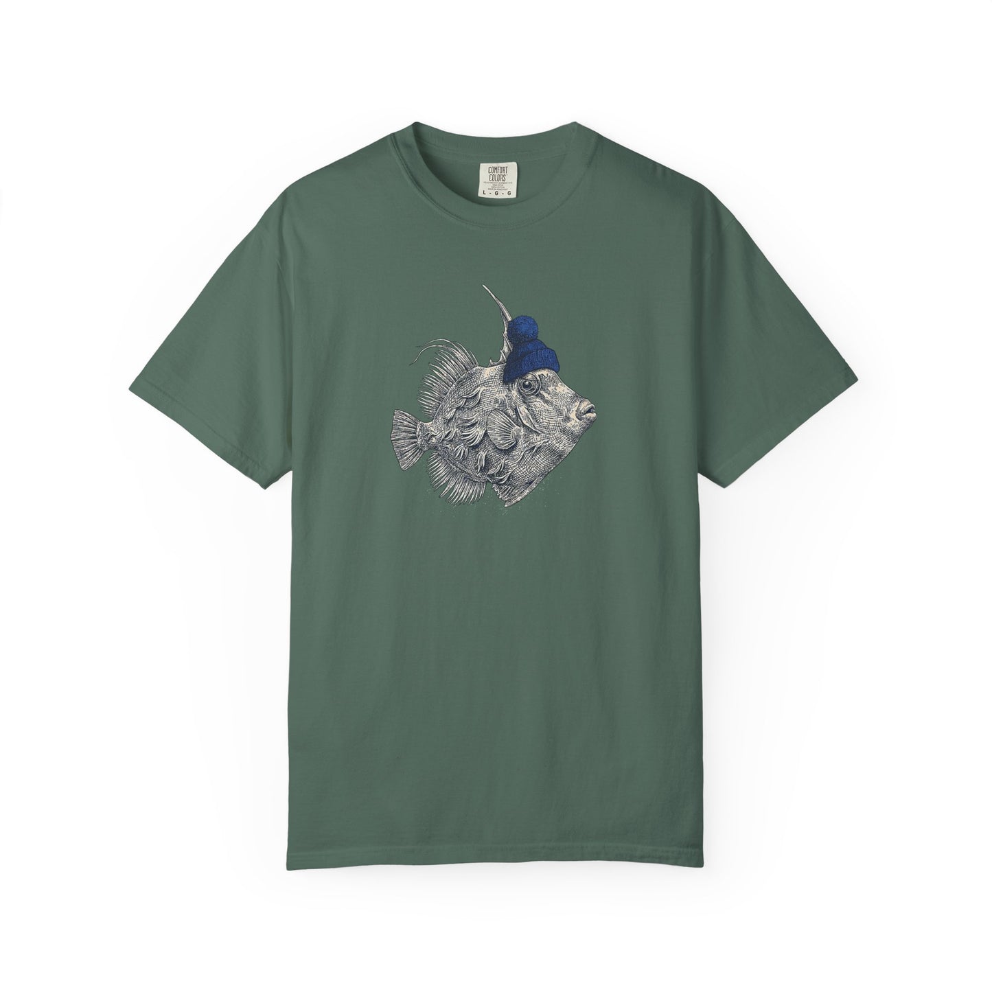 Broke Reefers graphic t-shirt featuring a vintage-style illustration of a filefish wearing a beanie, military green crew neck tee