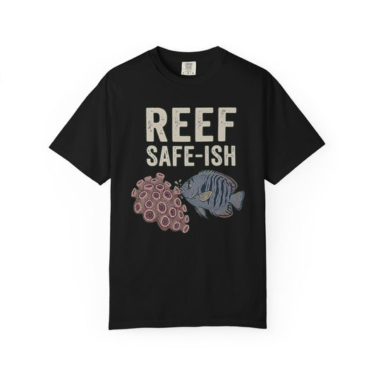 Broke Reefers graphic t-shirt featuring an illustration of a fish and coral with the text: REEF SAFE-ISH, black crew neck tee