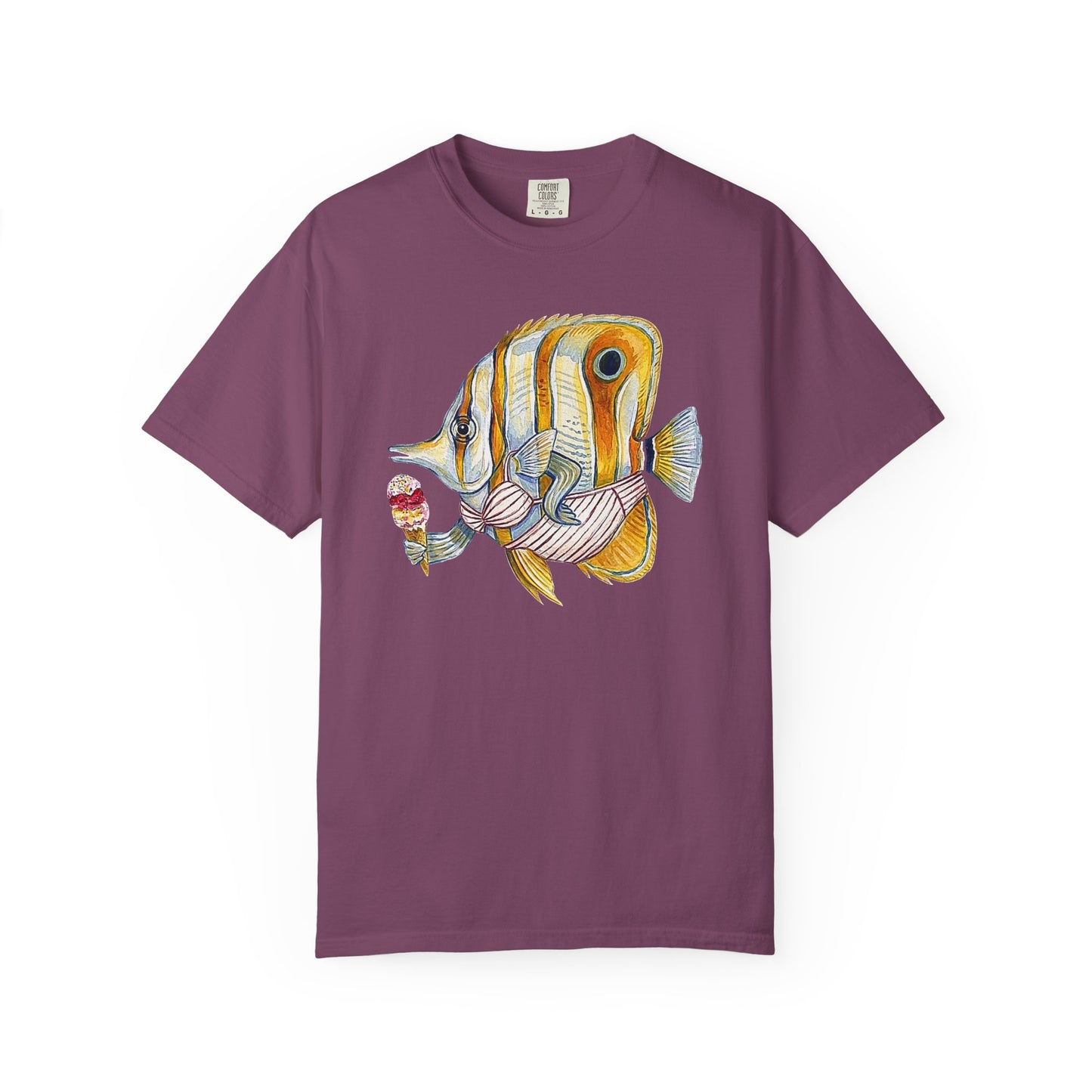 Broke Reefers saltwater aquarium graphic t-shirt featuring a unique, hand-painted style illustration of a Copperband Butterflyfish wearing a bikini and holding an ice cream cone, purple crew neck tee