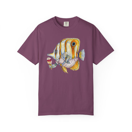 Broke Reefers saltwater aquarium graphic t-shirt featuring a unique, hand-painted style illustration of a Copperband Butterflyfish wearing a bikini and holding an ice cream cone, purple crew neck tee