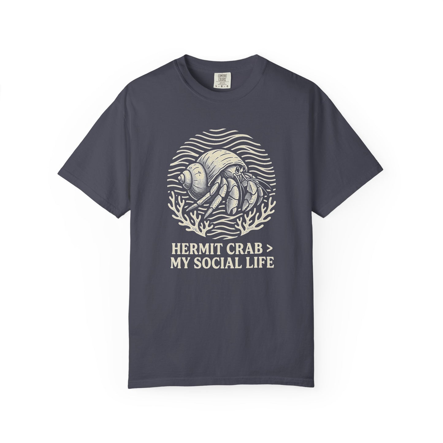 Broke Reefers saltwater aquarium graphic t-shirt featuring a badge illustration of a hermit crab with the text: HERMIT CRAB > MY SOCIAL LIFE, navy crew neck tee